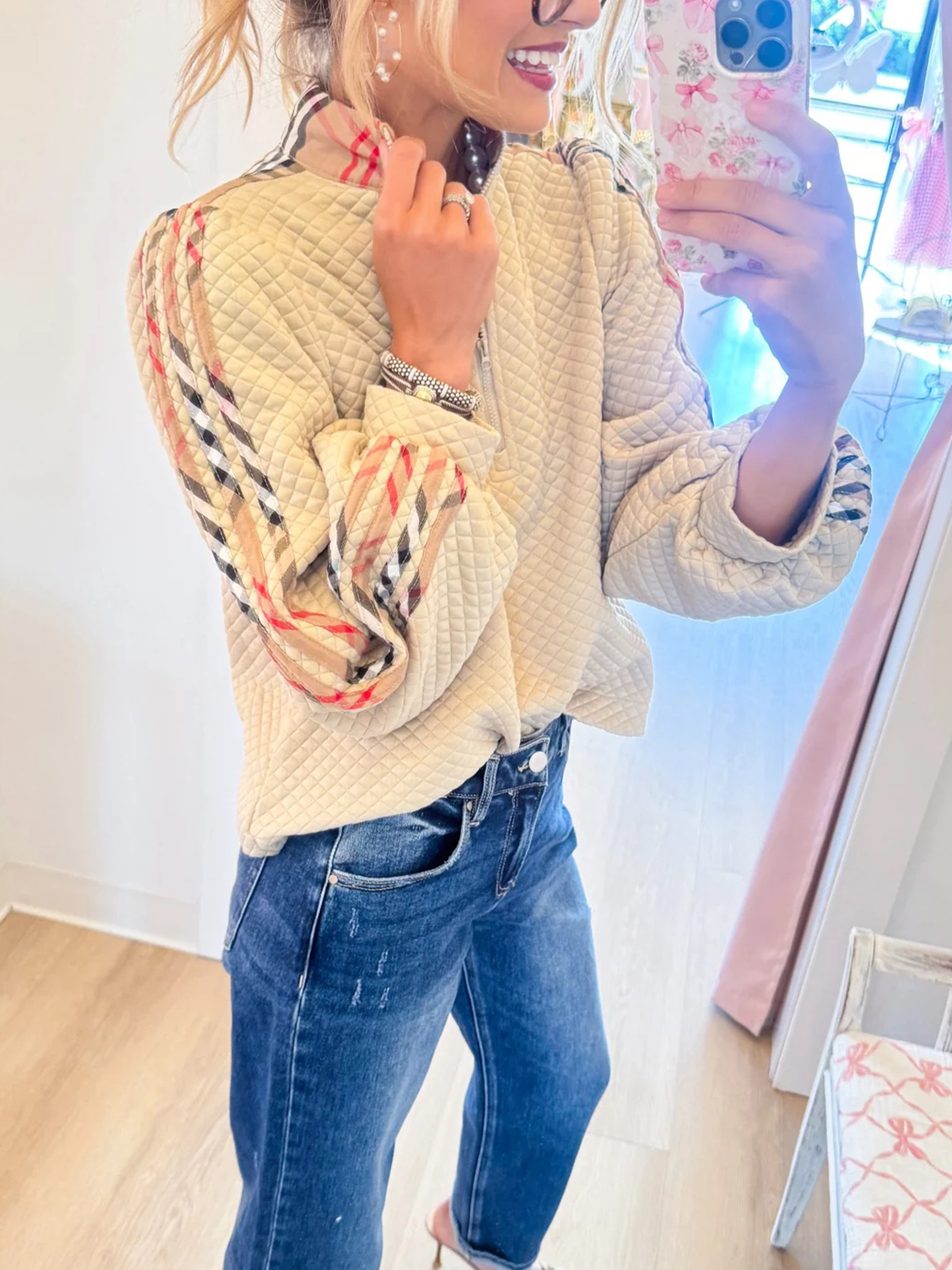Chic Quilted Half-Zip Pullover with  Lantern Sleeves