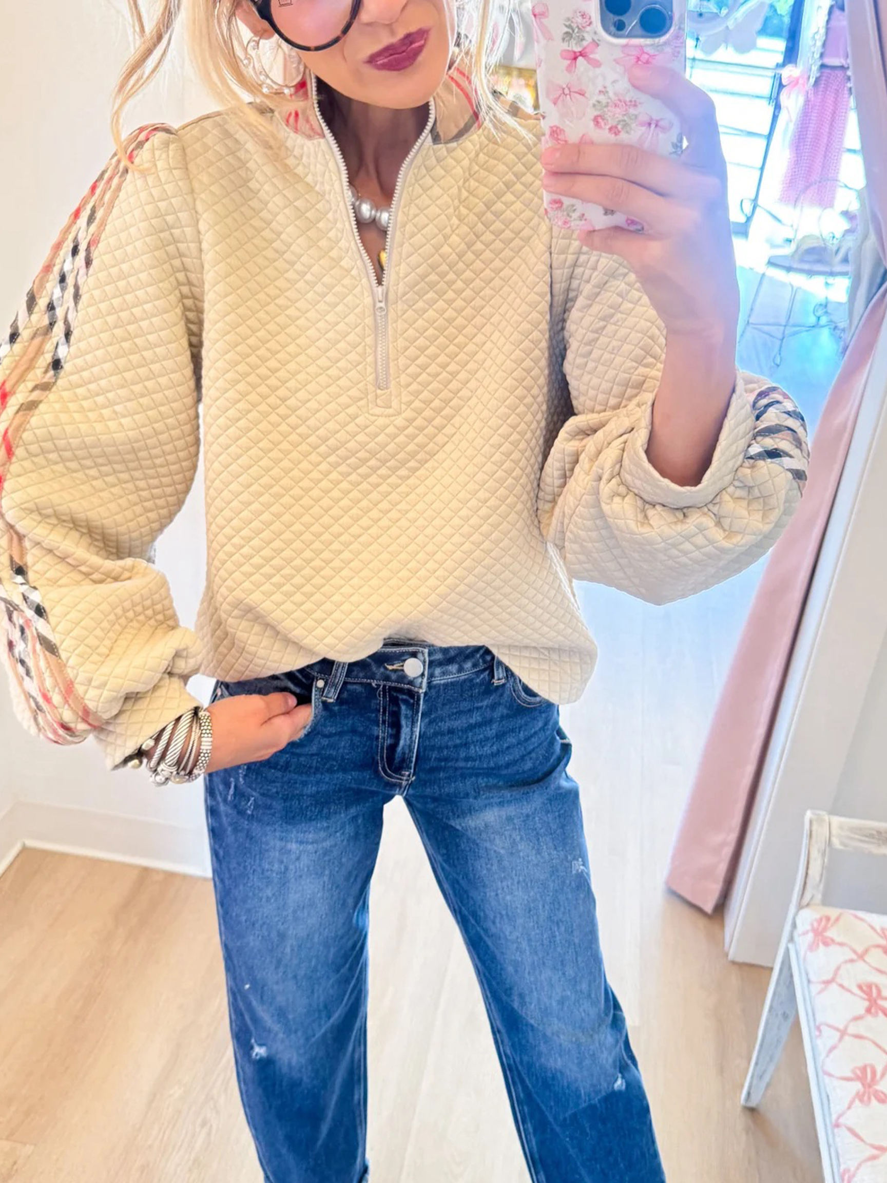 Chic Quilted Half-Zip Pullover with  Lantern Sleeves