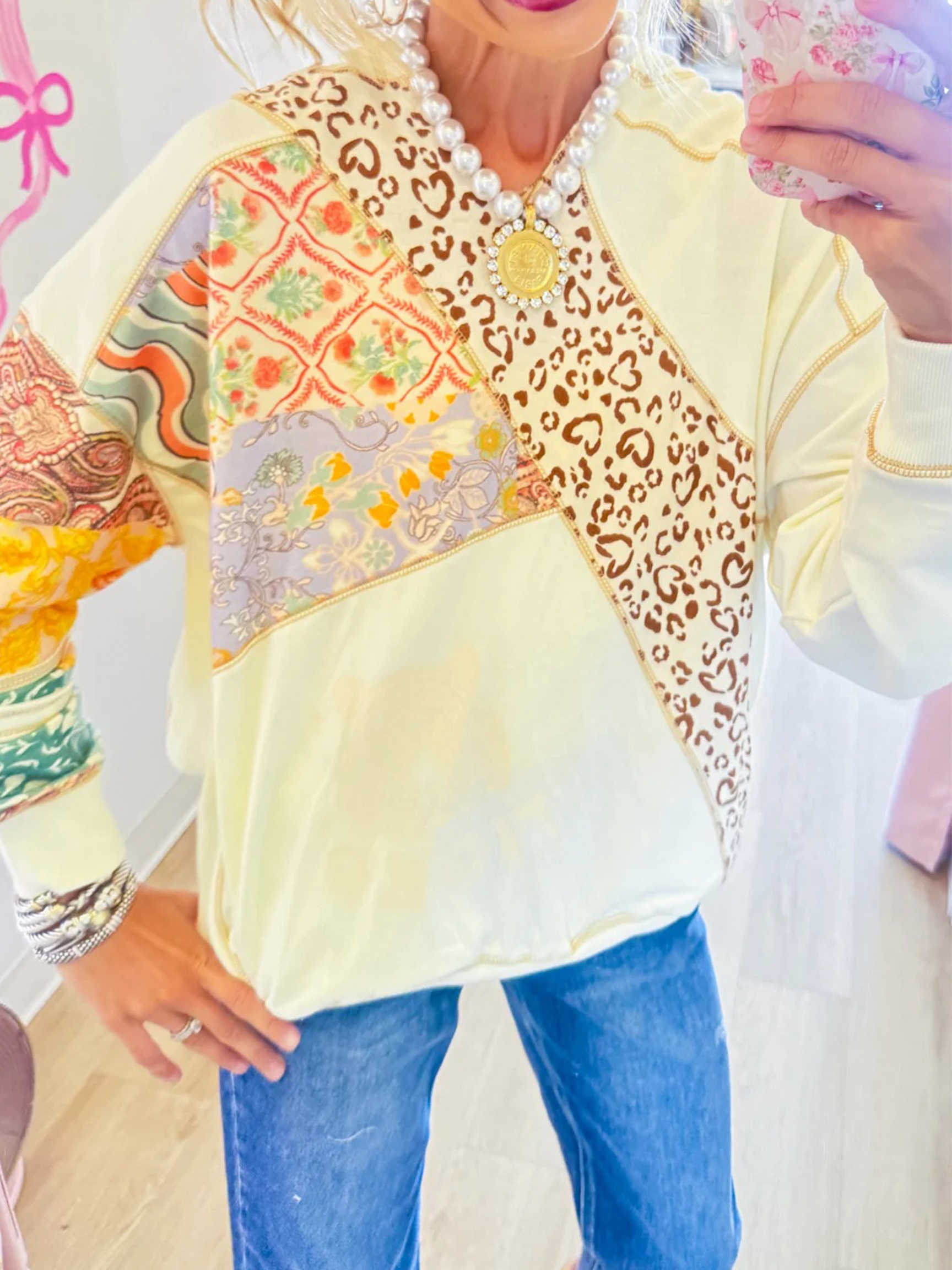 Eclectic Boho-Chic Patchwork Long Sleeve Pullover Top