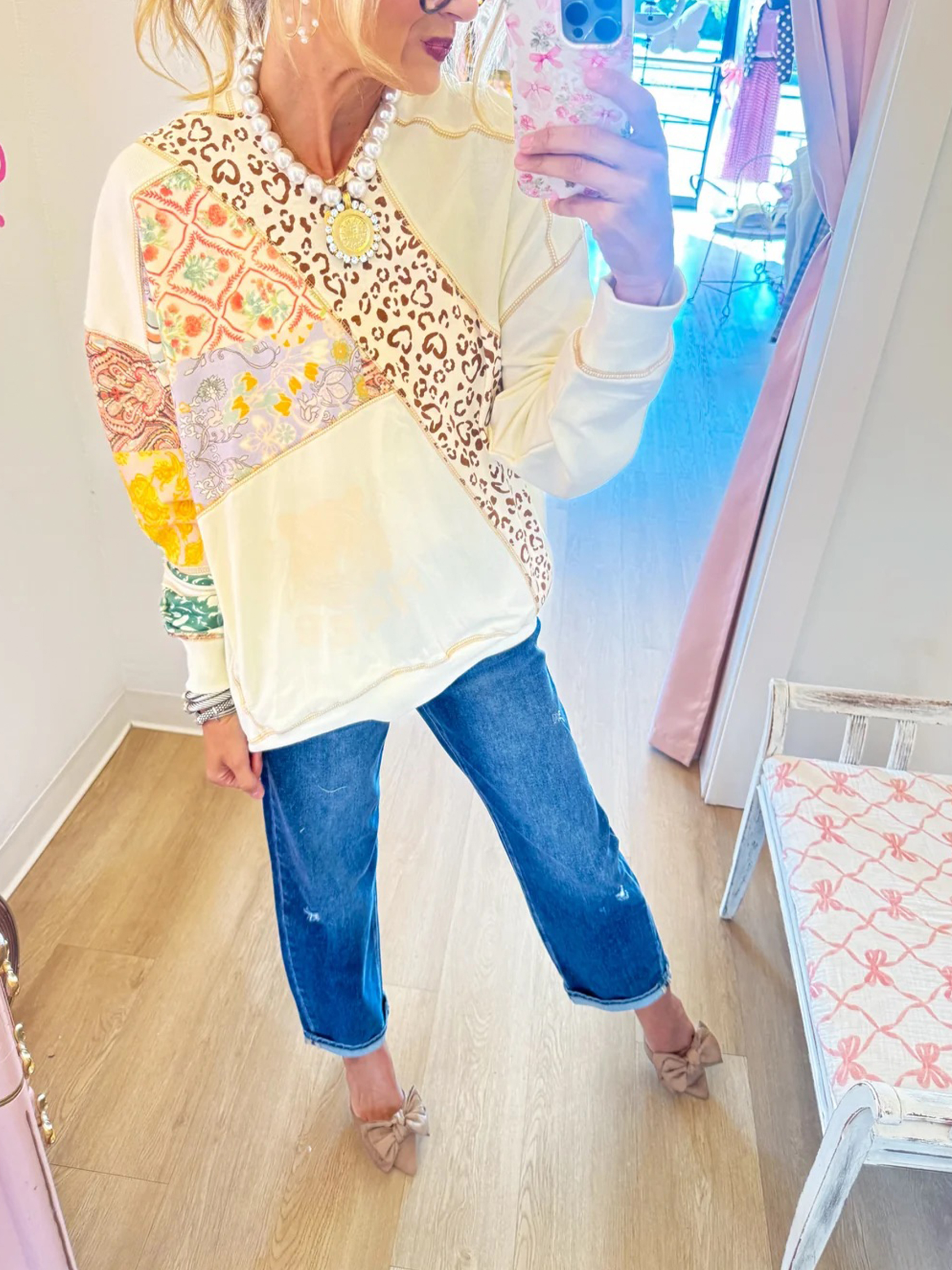 Eclectic Boho-Chic Patchwork Long Sleeve Pullover Top