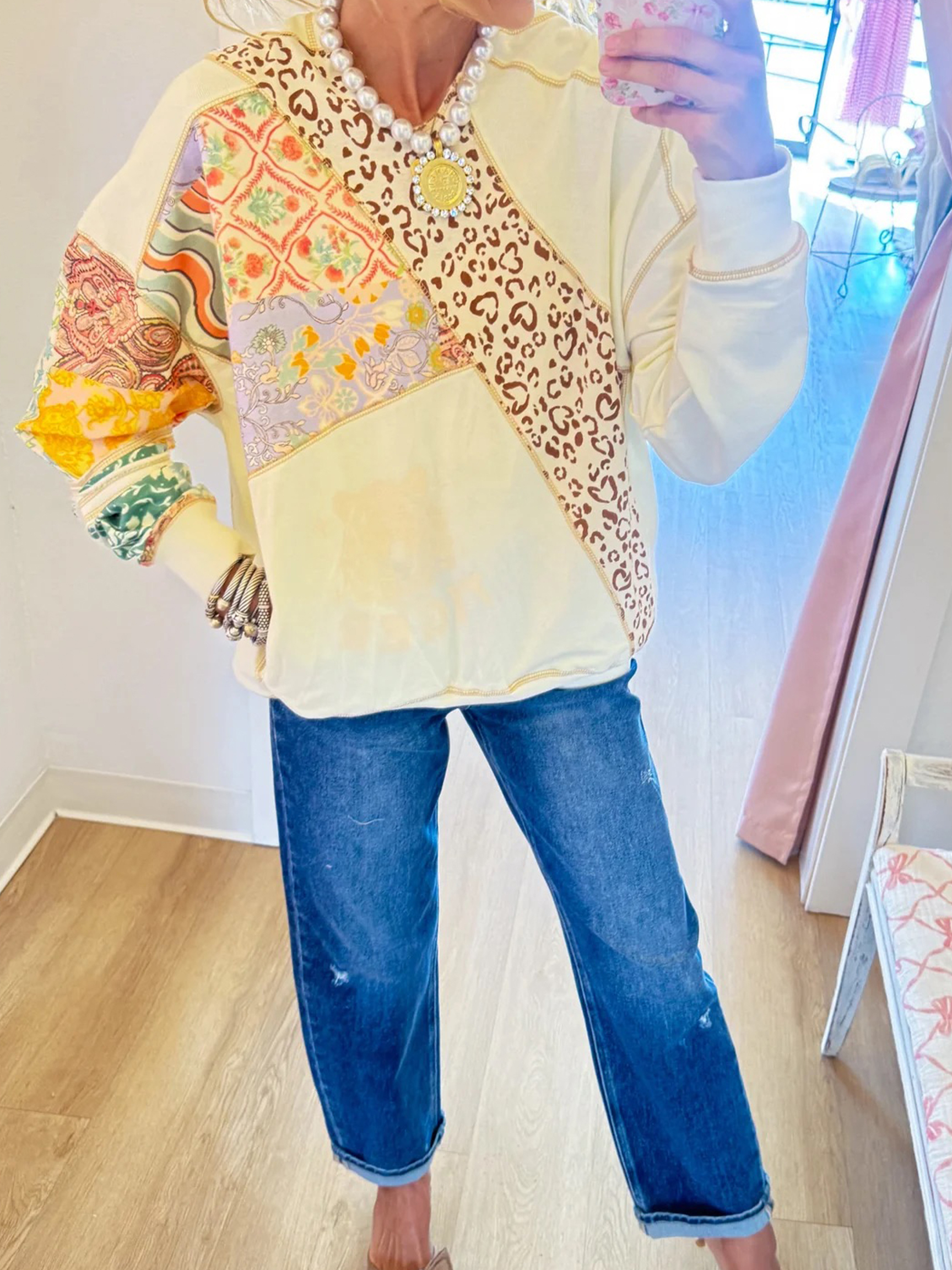 Eclectic Boho-Chic Patchwork Long Sleeve Pullover Top