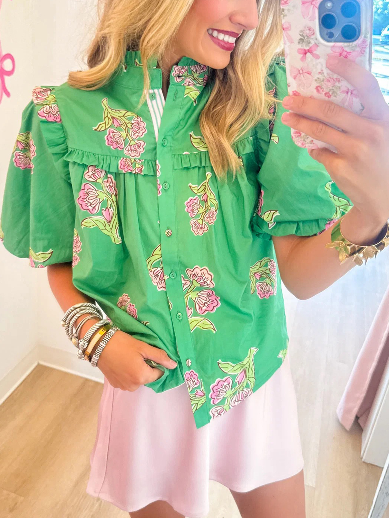 Vibrant Garden Floral Puff-Sleeve Button-Down Shirt