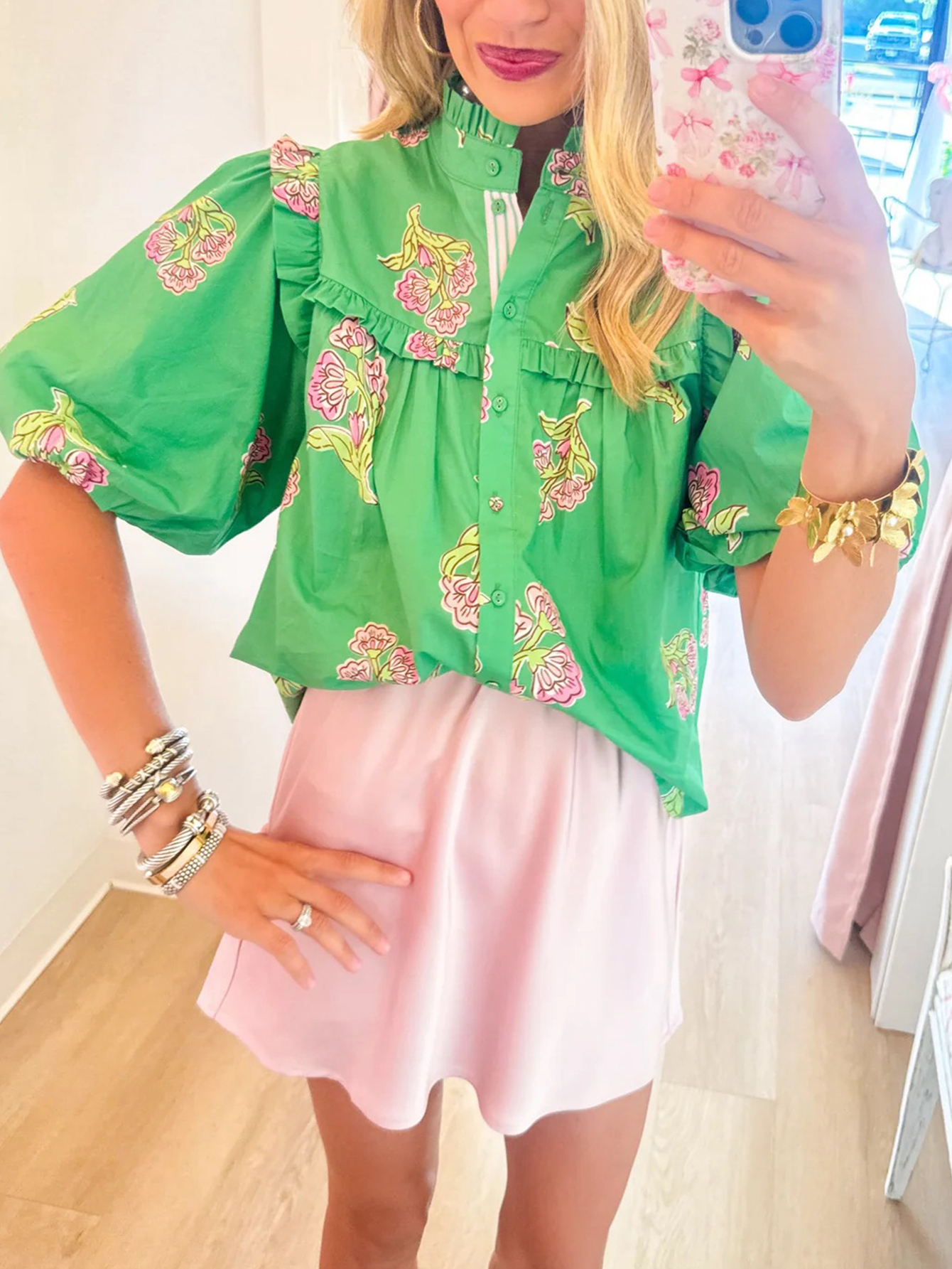 Vibrant Garden Floral Puff-Sleeve Button-Down Shirt
