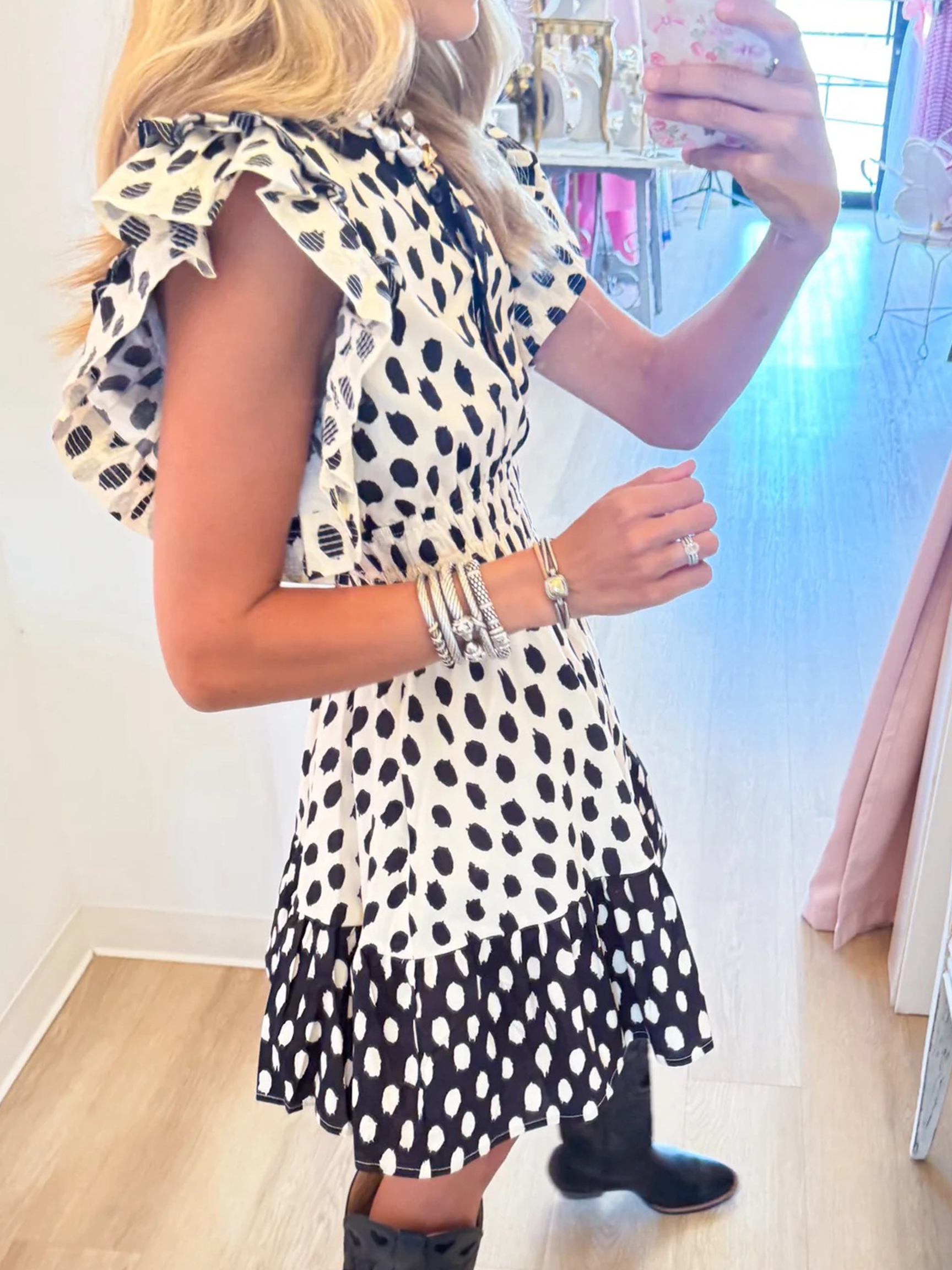 Playful Polka Dot Ruffle Mini Dress with Smocked Waist