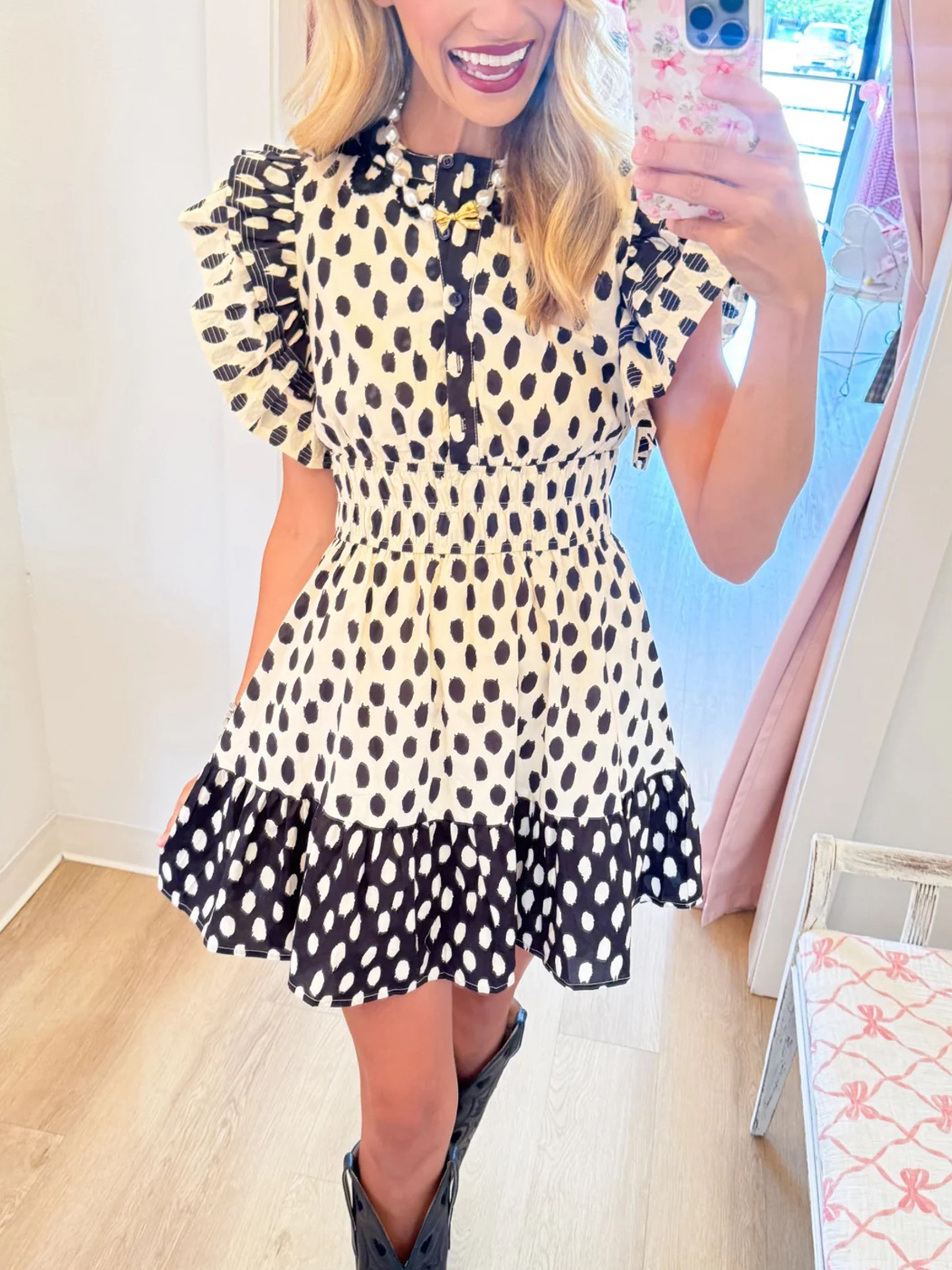 Playful Polka Dot Ruffle Mini Dress with Smocked Waist