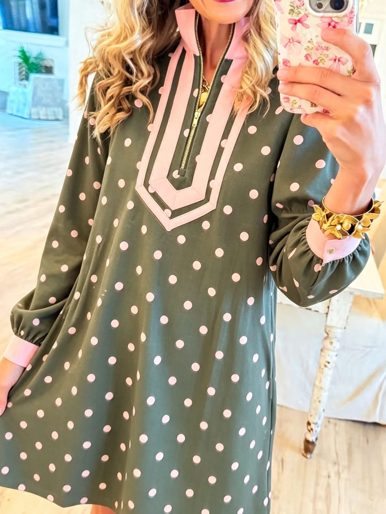 Retro Chic Olive & Pink Polka Dot Zip-Neck Tunic Dress
