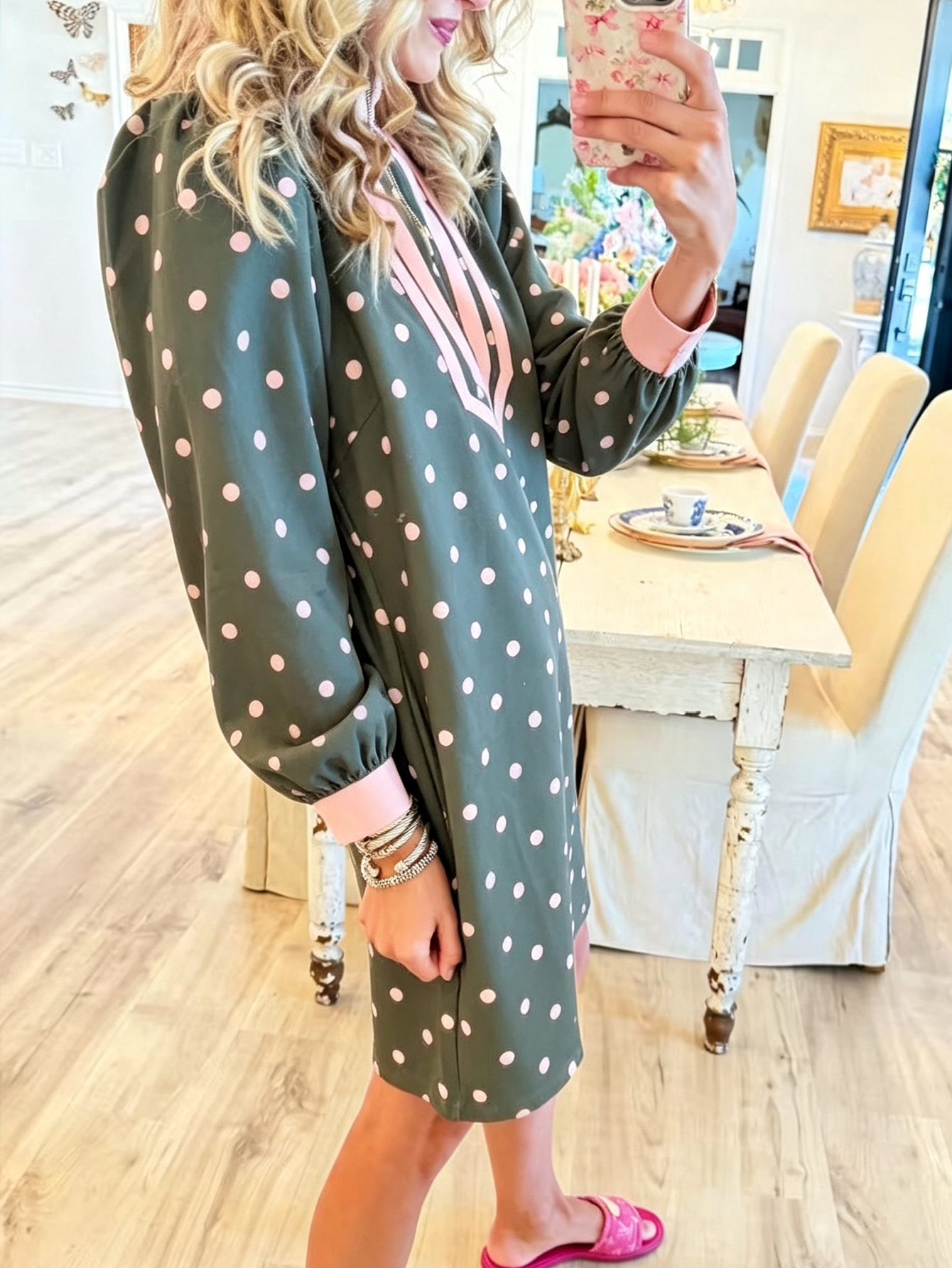 Retro Chic Olive & Pink Polka Dot Zip-Neck Tunic Dress