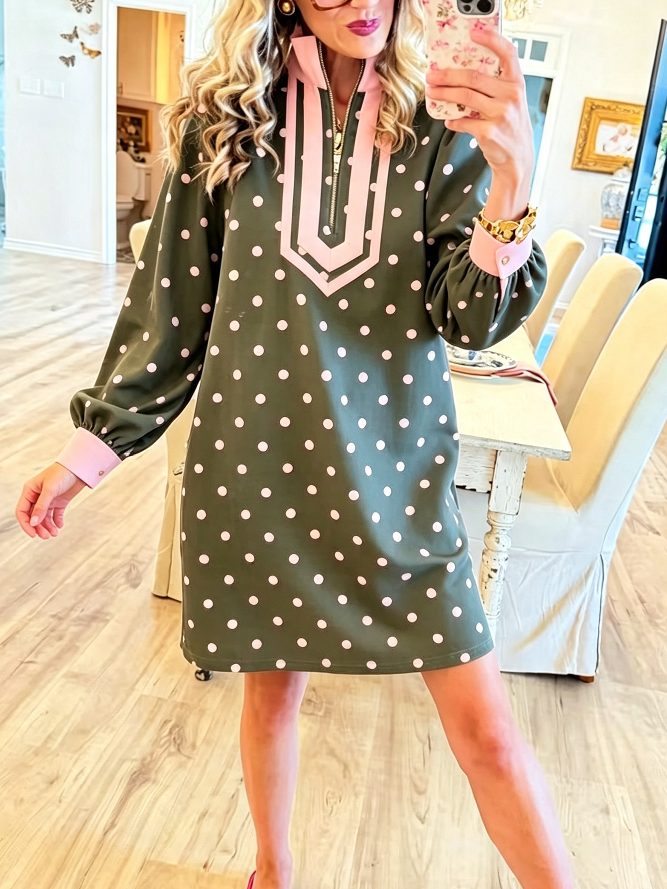 Retro Chic Olive & Pink Polka Dot Zip-Neck Tunic Dress