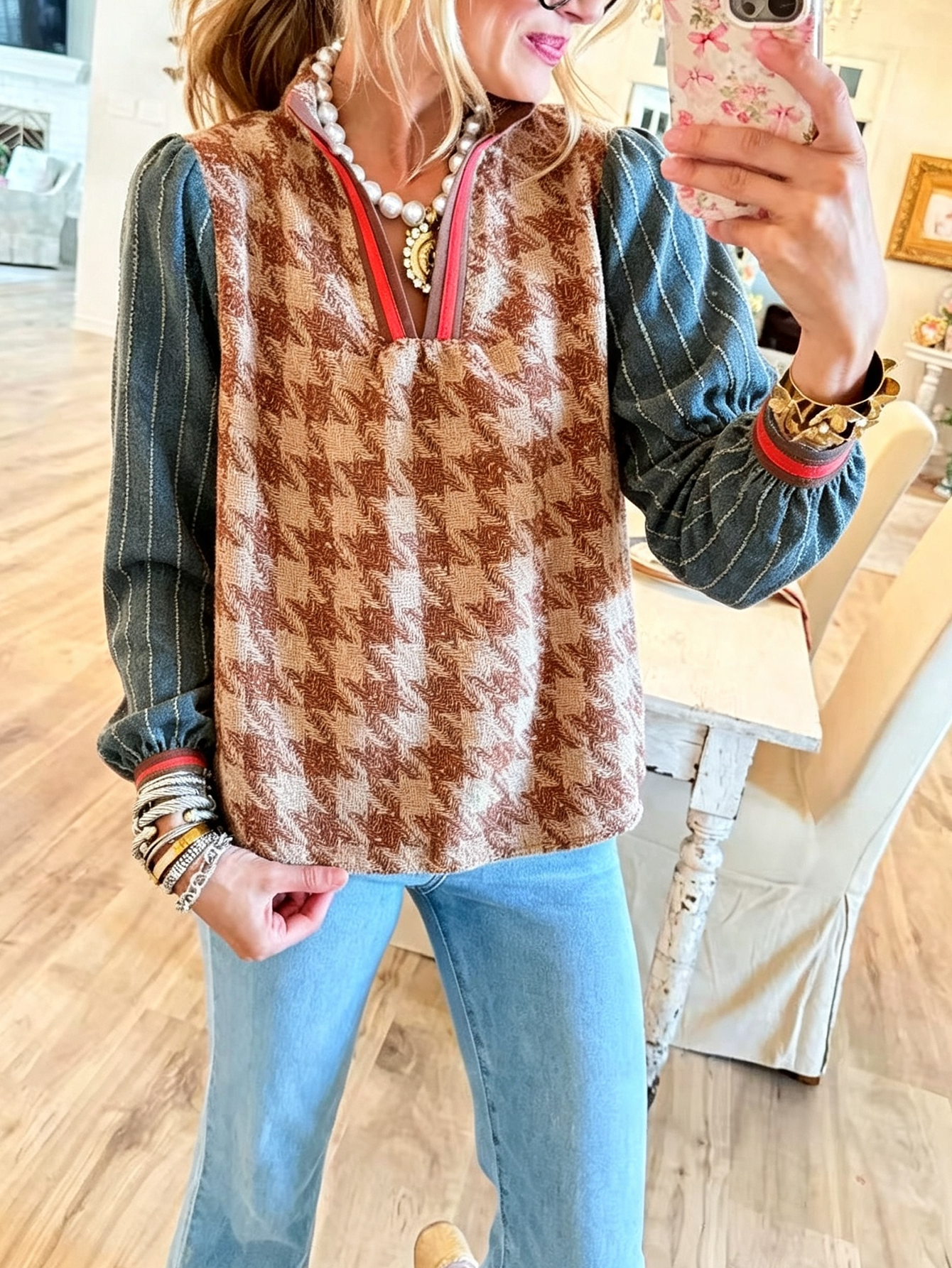 Eclectic Heritage Houndstooth & Pinstripe Contrast Top