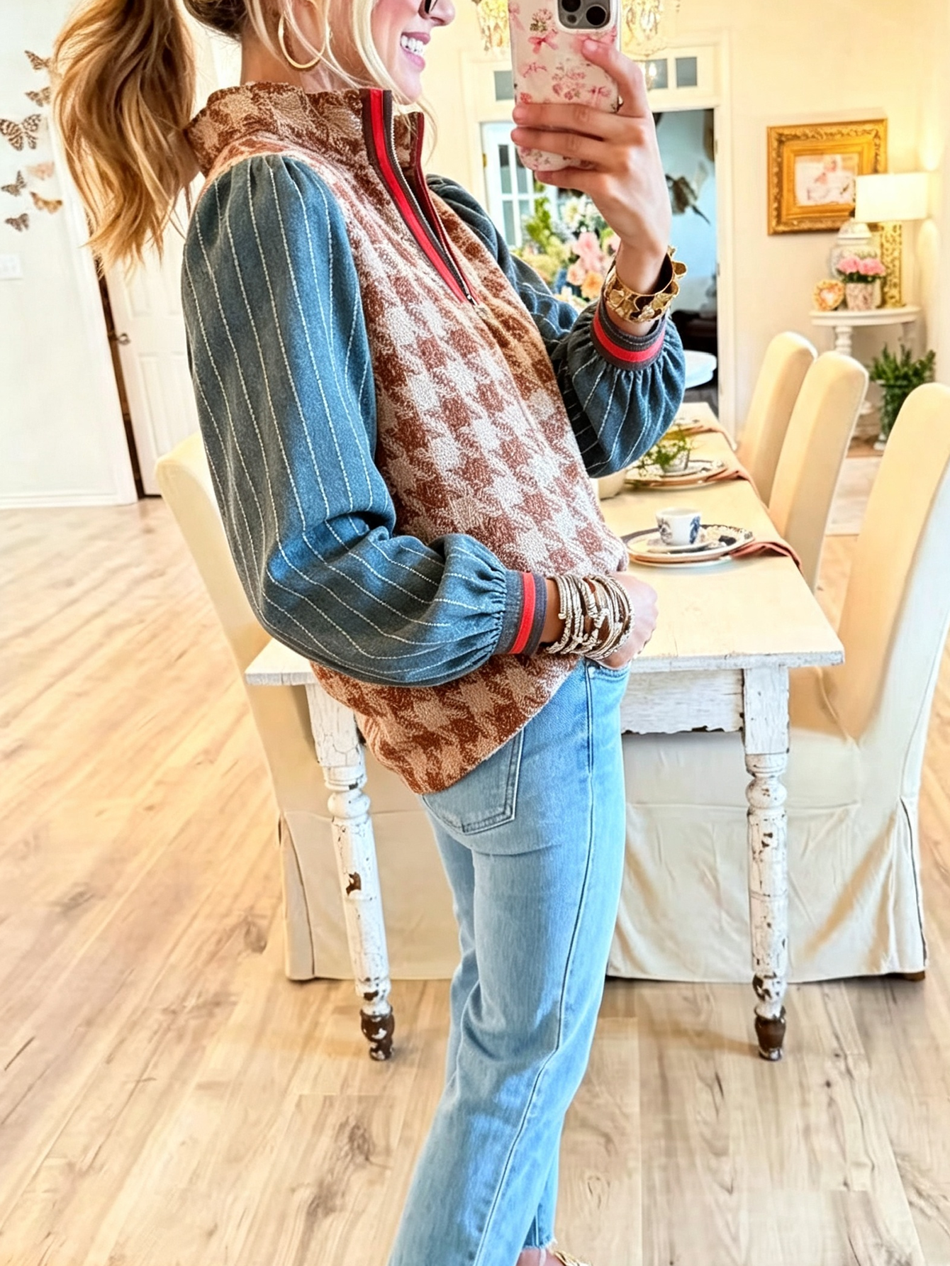Eclectic Heritage Houndstooth & Pinstripe Contrast Top