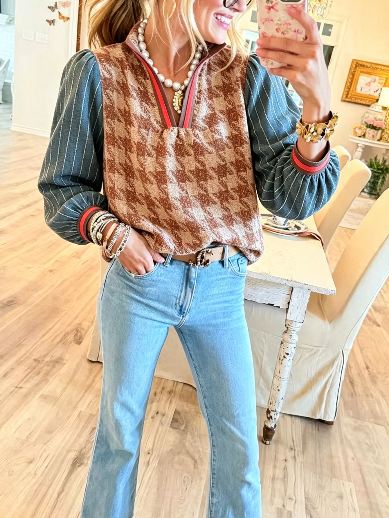 Eclectic Heritage Houndstooth & Pinstripe Contrast Top