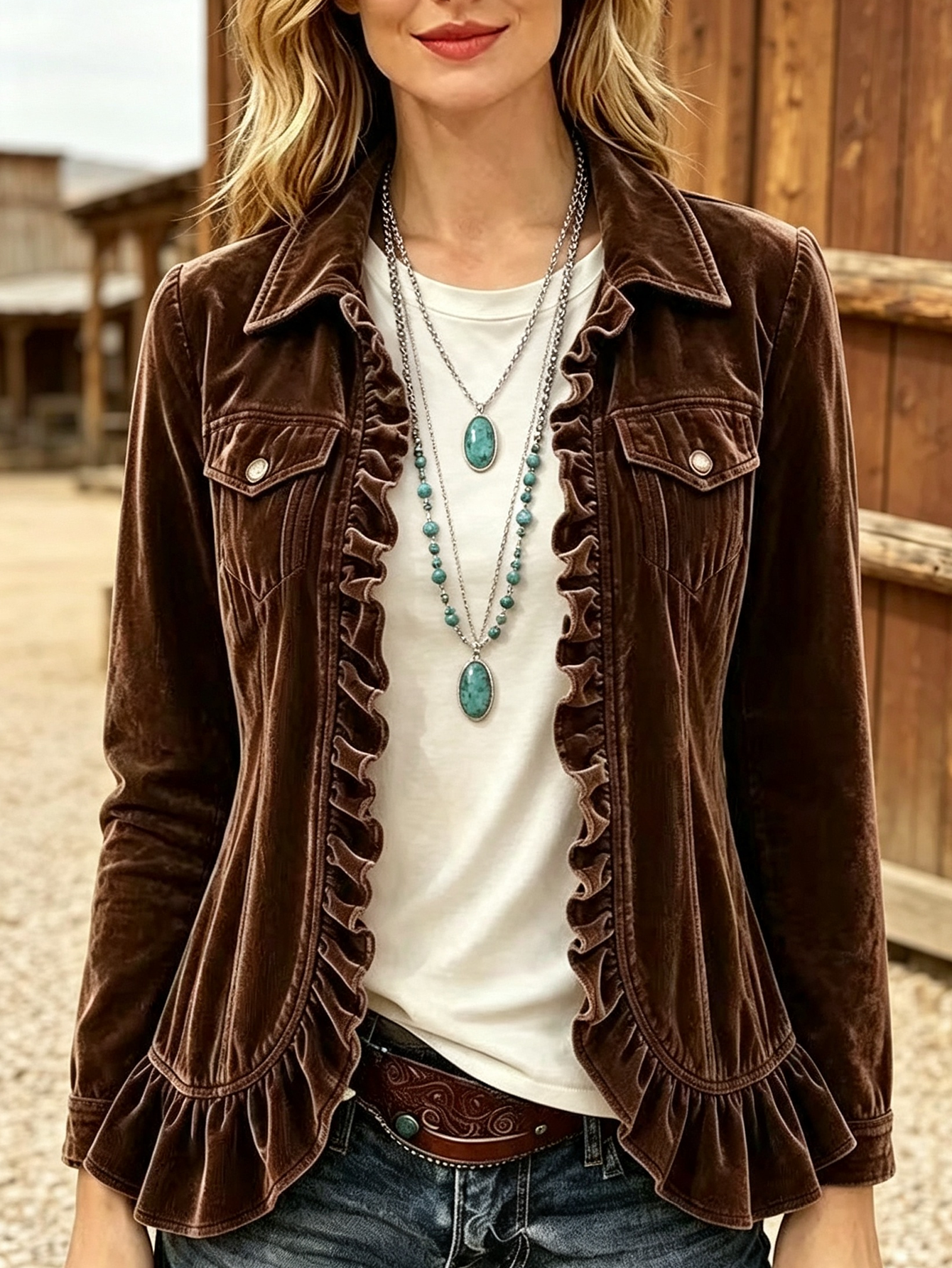 Rustic Romance Velvet Ruffle Jacket - Chocolate Brown