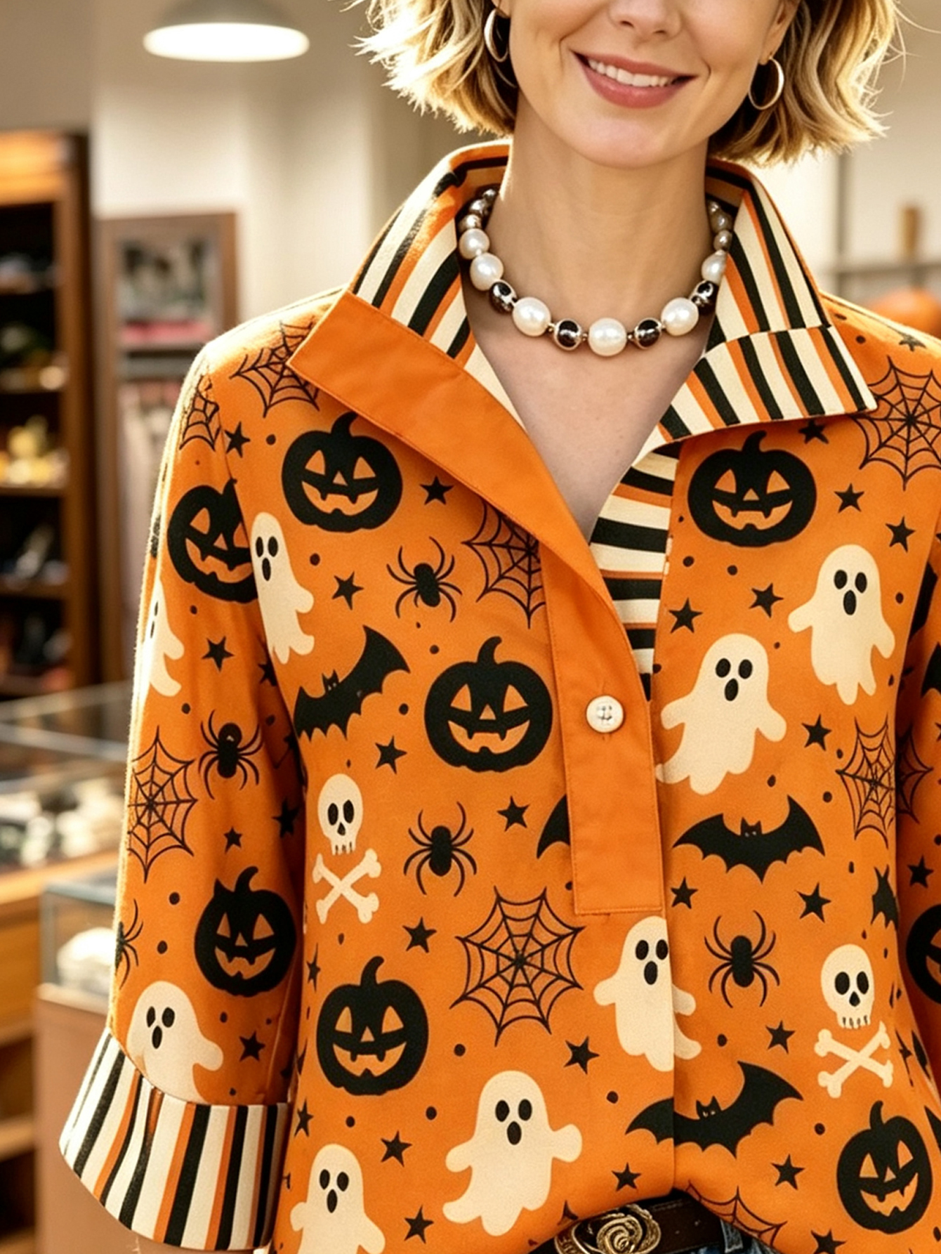 Spooky Chic Halloween  Contrast Stripe 3/4 Sleeve Button-Down Shirt