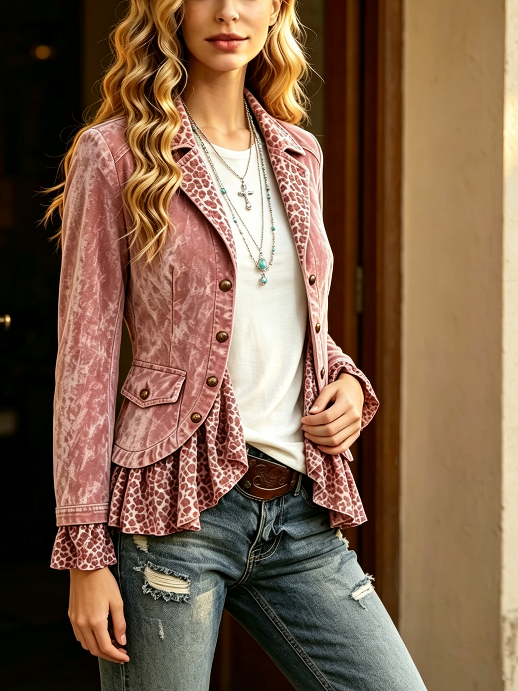 Wild Romance Velvet Peplum Jacket - Dusty Rose & Leopard Print