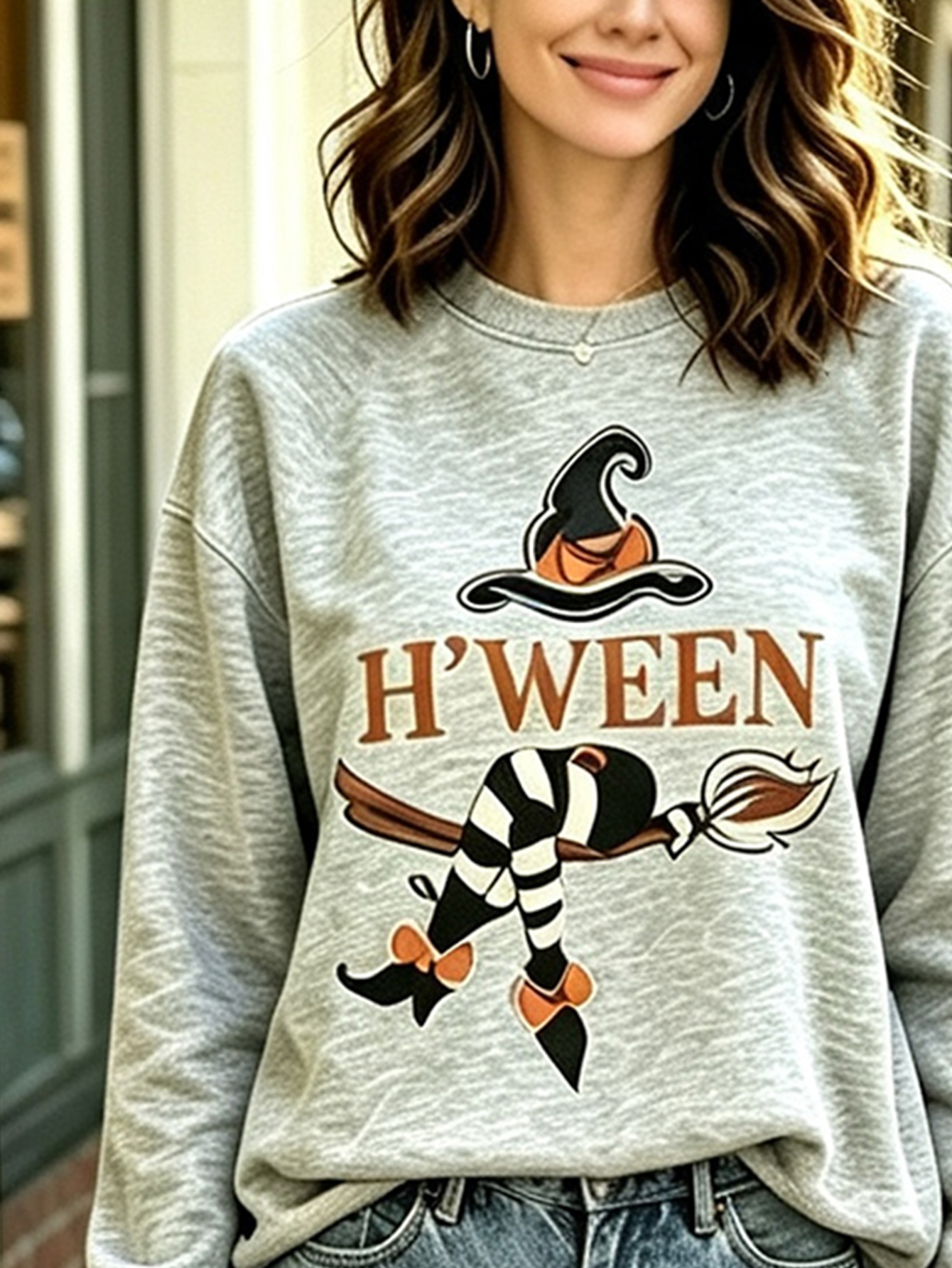 Spooky Chic 'H'WEEN' Graphic Pullover Sweatshirt - Heather Grey