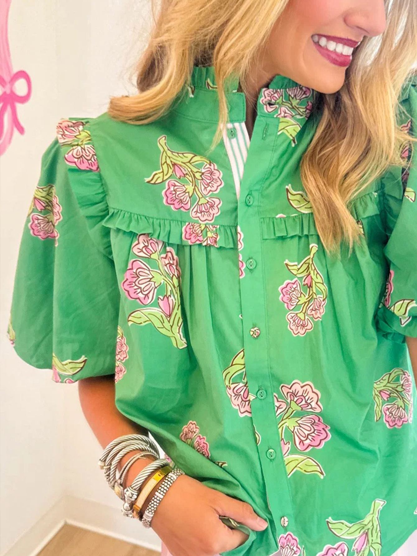 Vibrant Garden Floral Puff-Sleeve Button-Down Shirt