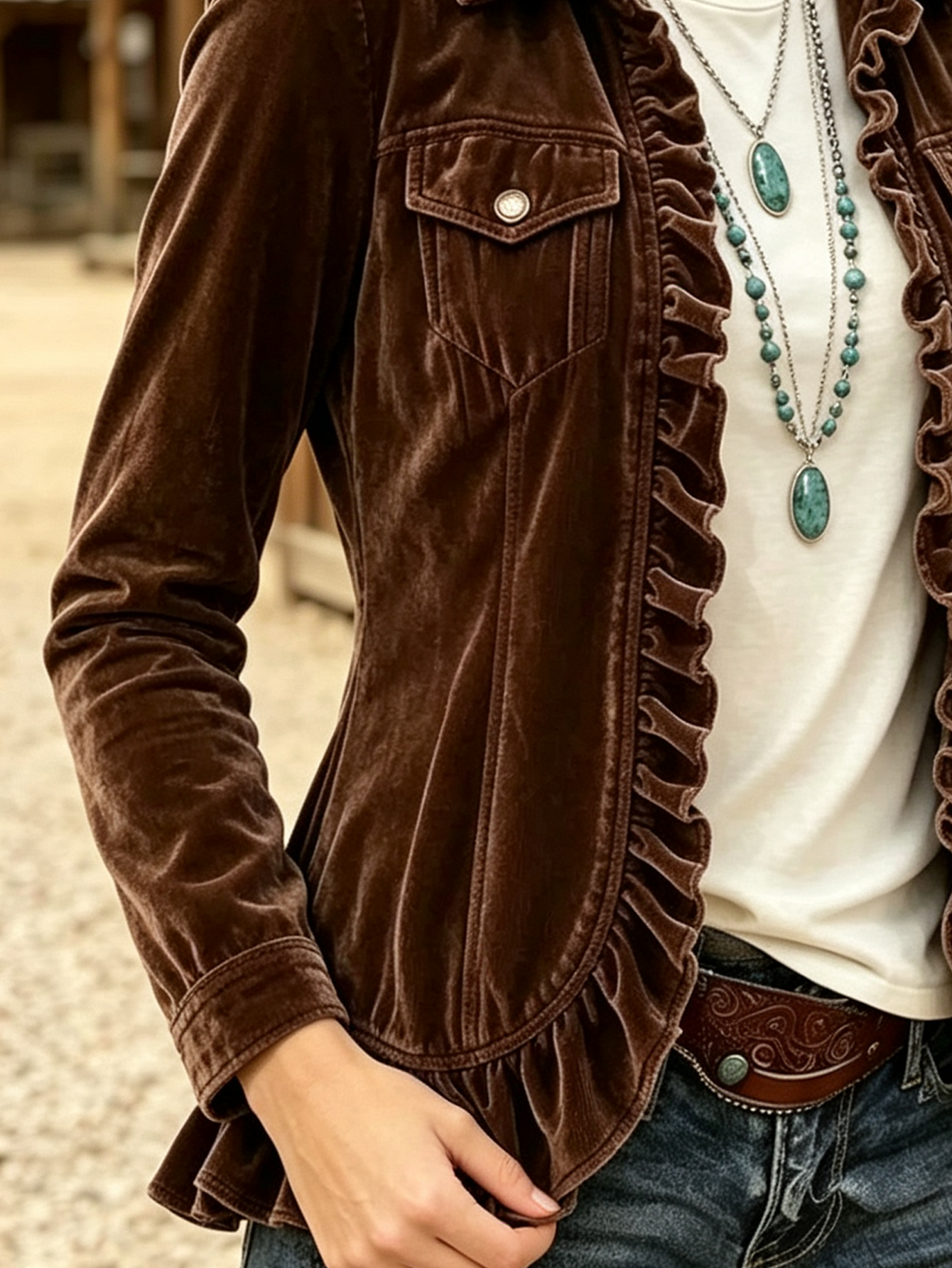 Rustic Romance Velvet Ruffle Jacket - Chocolate Brown