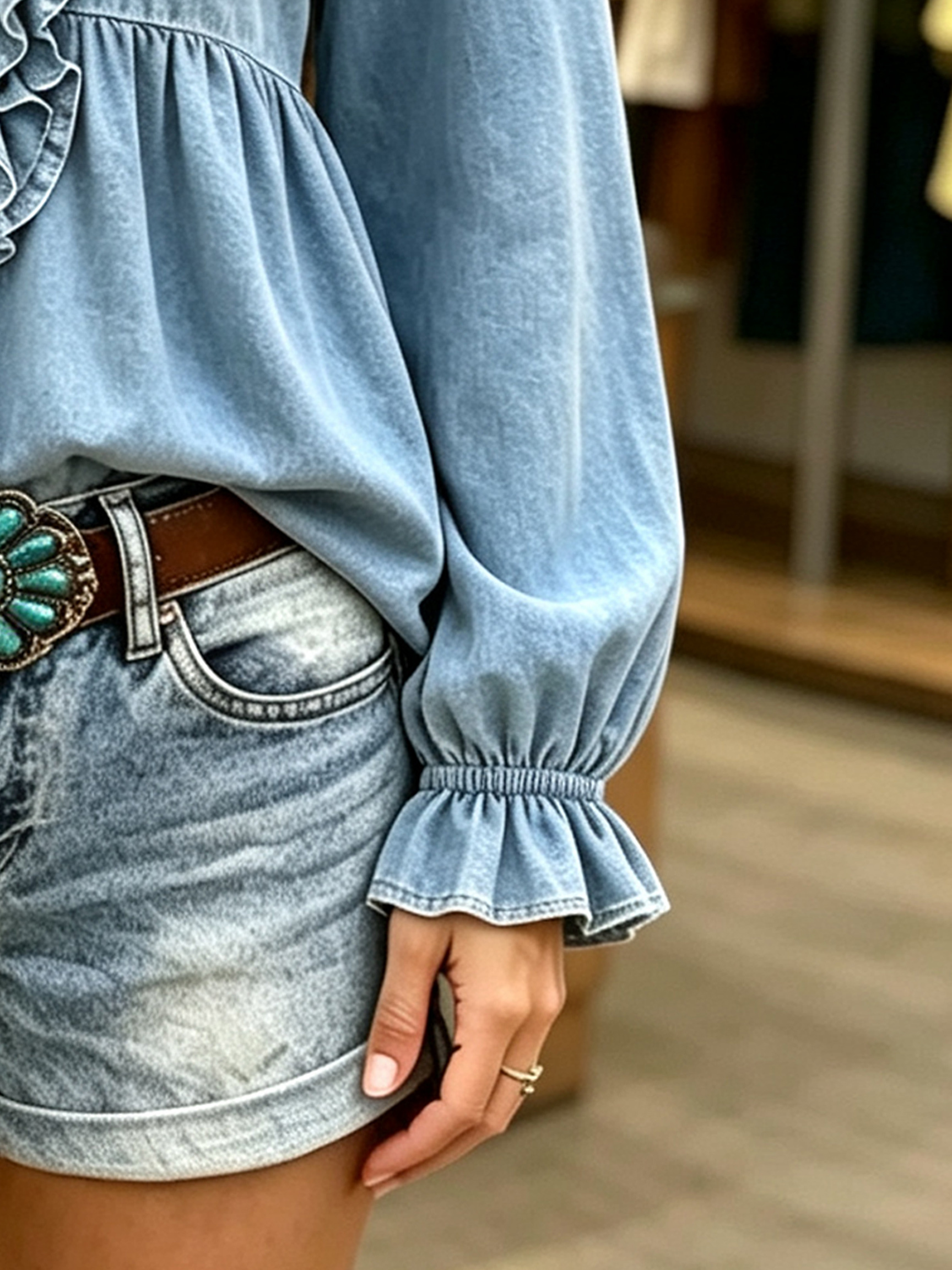 Boho-Chic Denim Ruffle V-Neck Peasant Blouse
