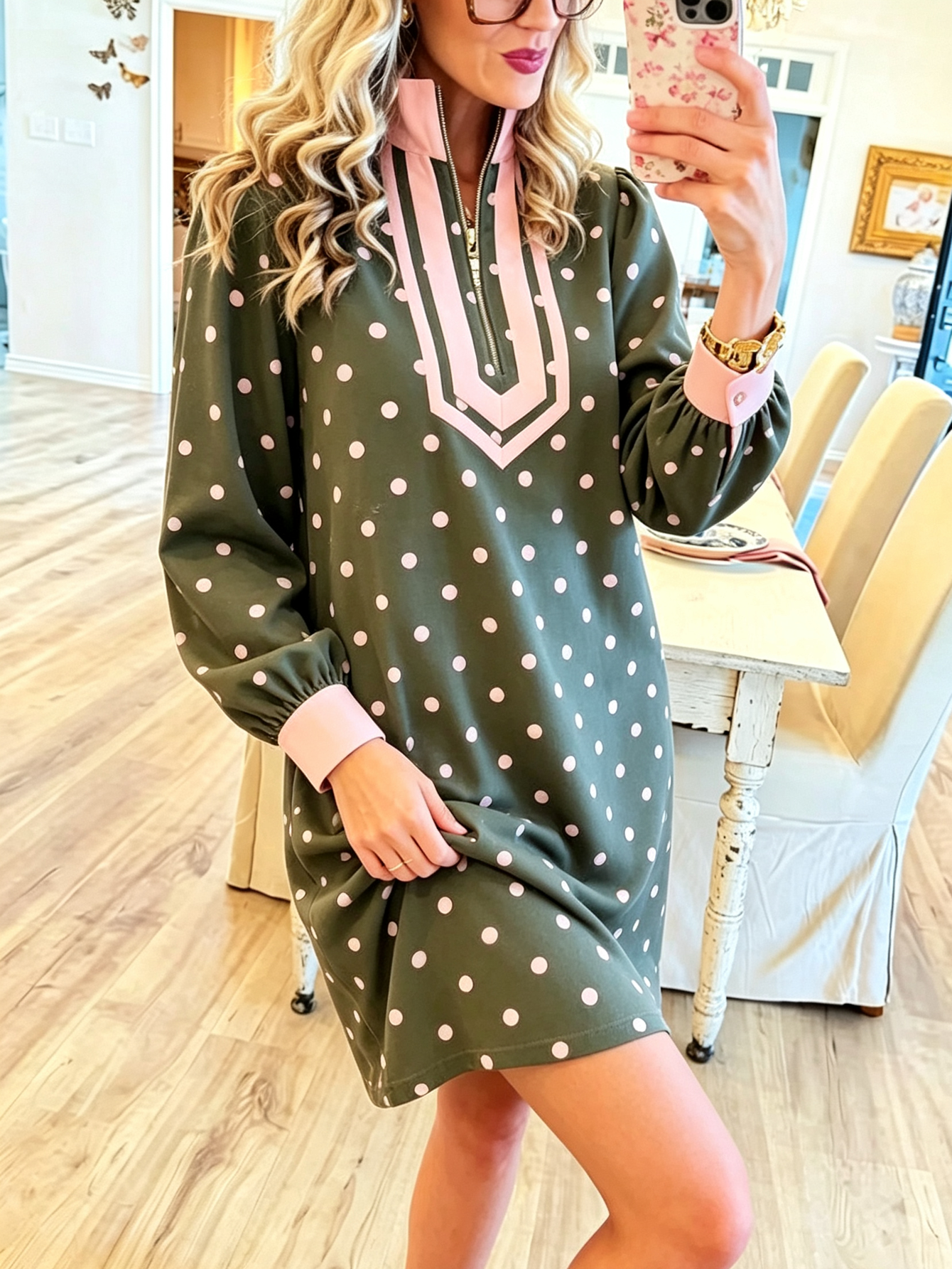 Retro Chic Olive & Pink Polka Dot Zip-Neck Tunic Dress
