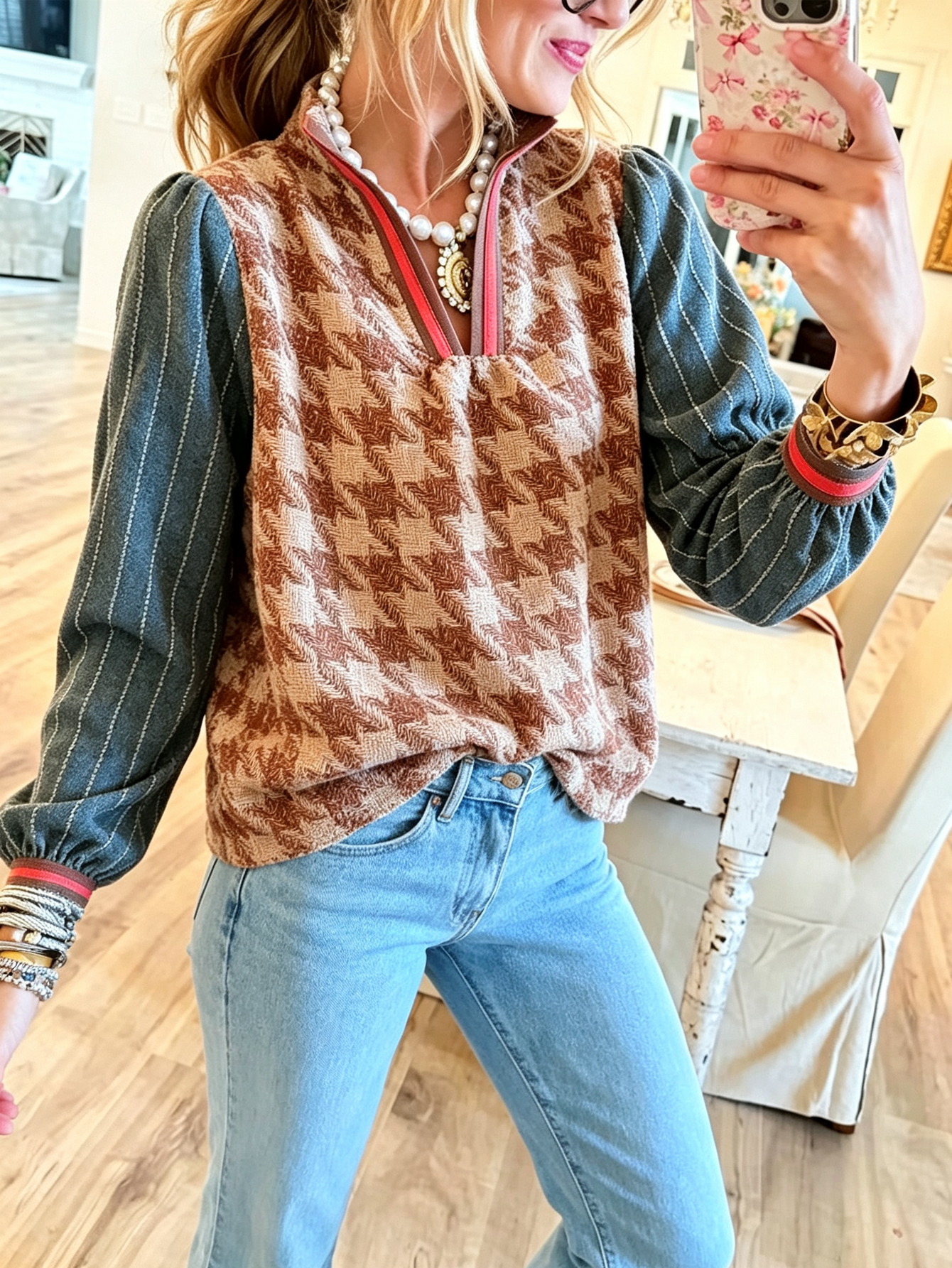 Eclectic Heritage Houndstooth & Pinstripe Contrast Top