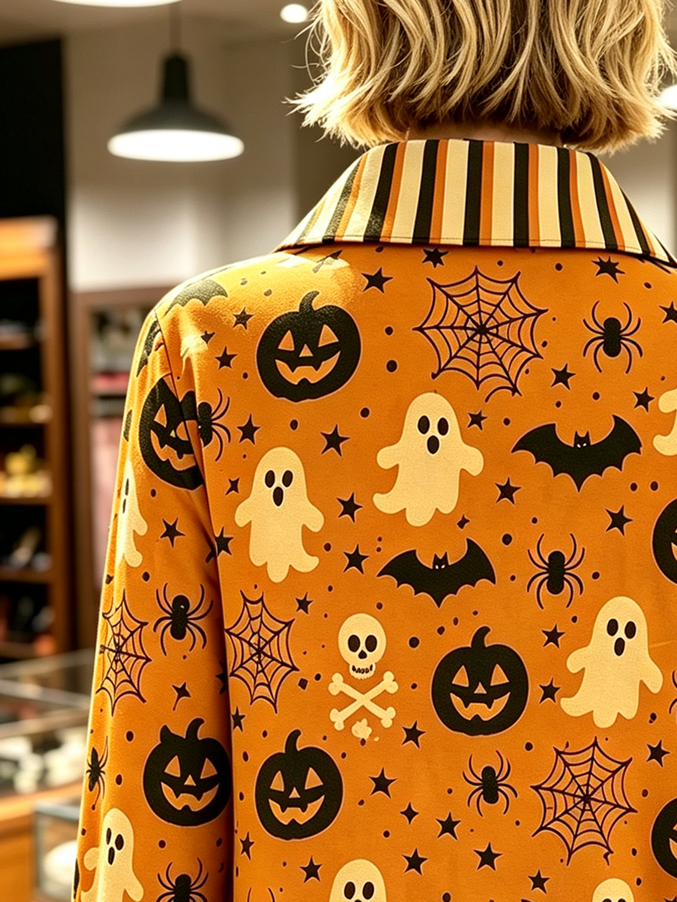 Spooky Chic Halloween  Contrast Stripe 3/4 Sleeve Button-Down Shirt