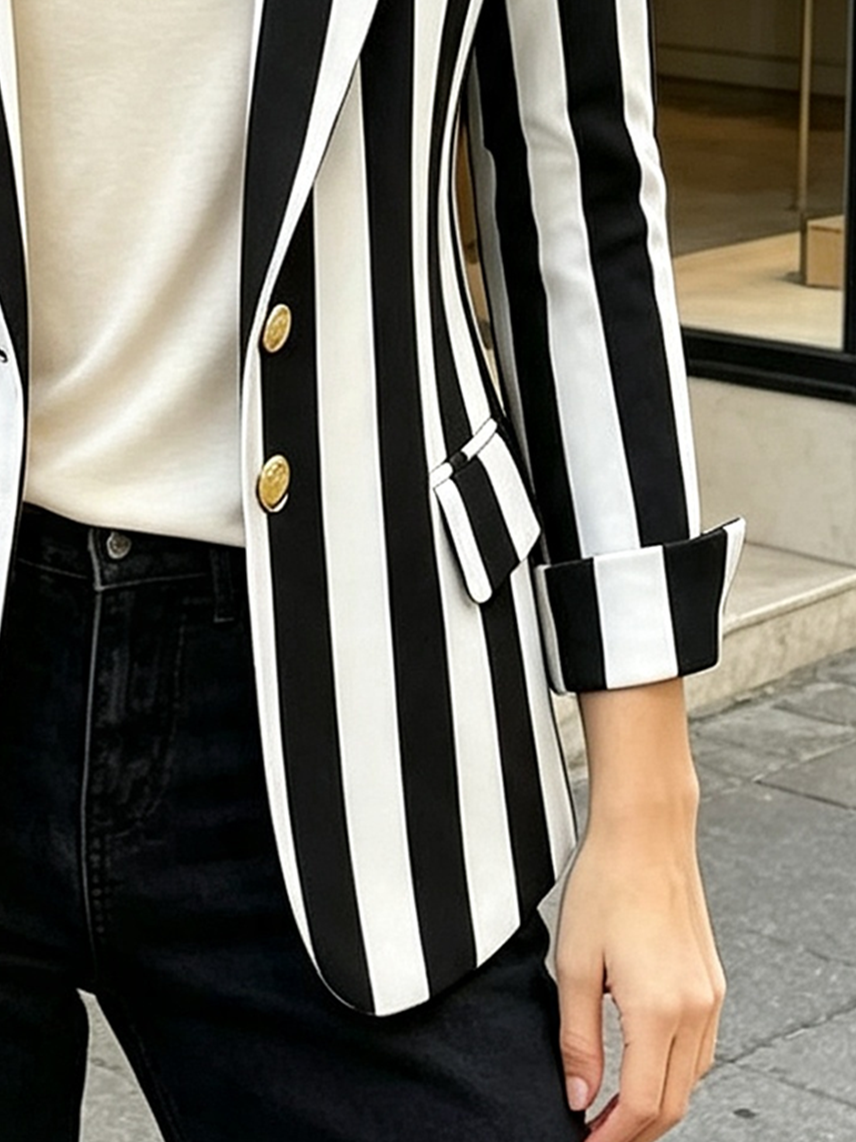 Monochrome Stripe Tailored Blazer with Gold-Tone Buttons