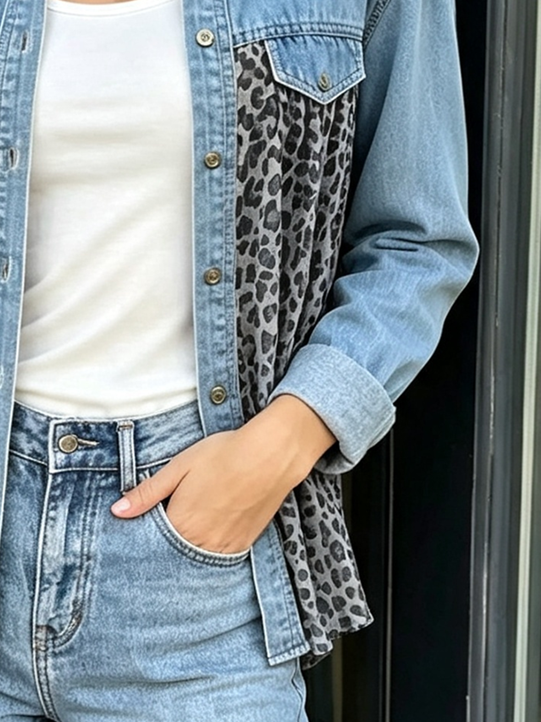 Leopard & Denim Patchwork Shirt Jacket