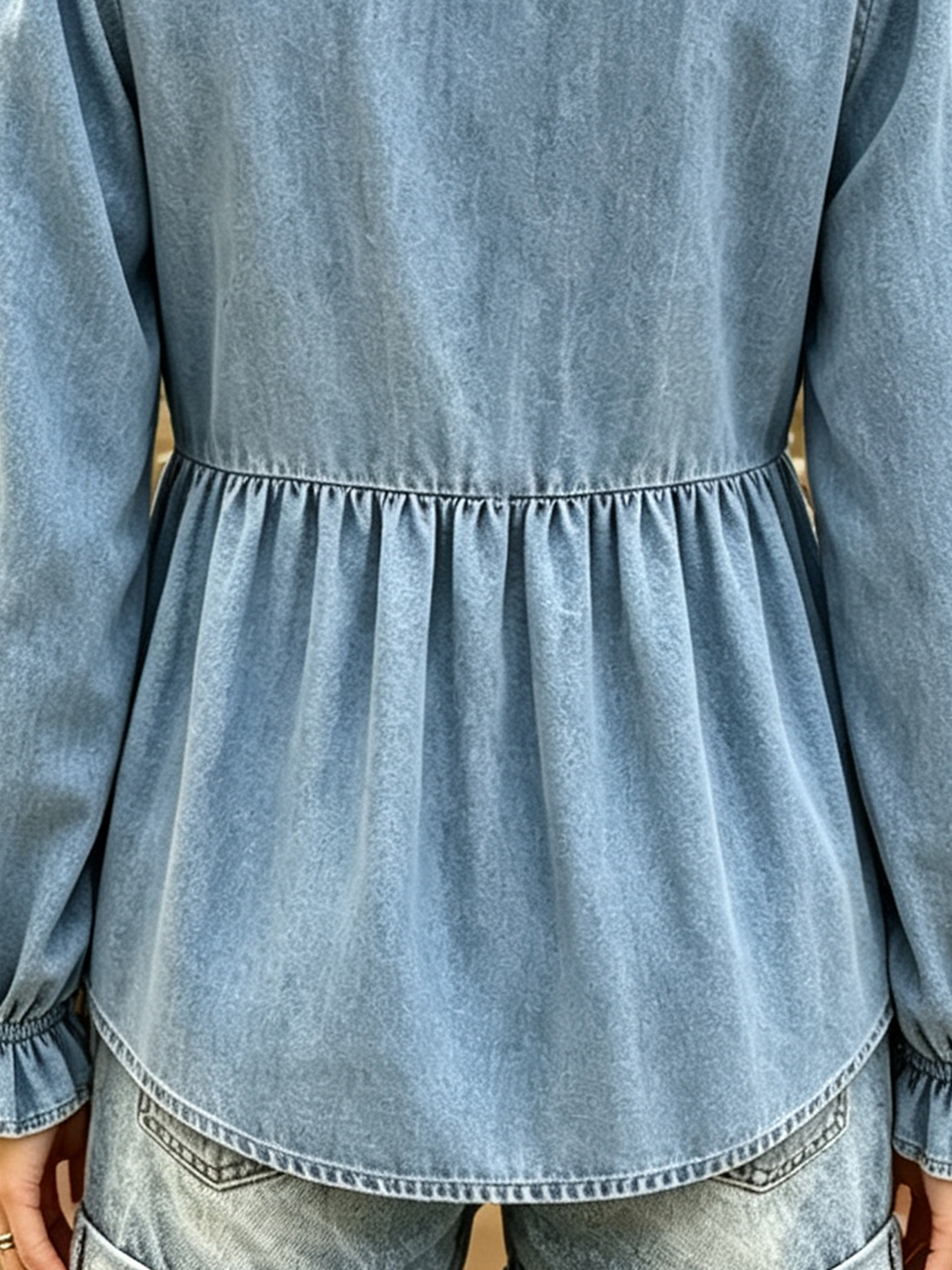 Boho-Chic Denim Ruffle V-Neck Peasant Blouse