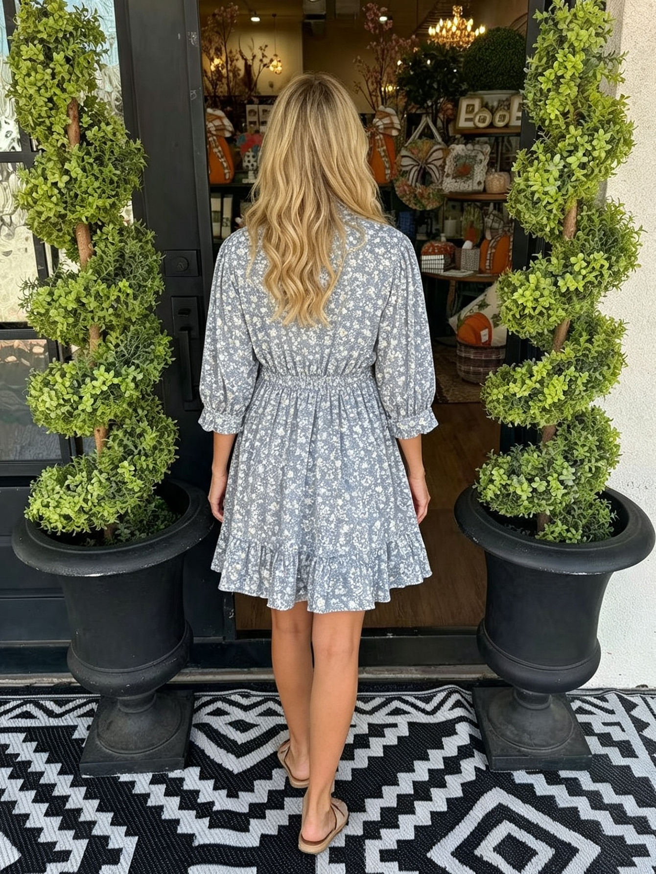 Embroidered Bodice Floral Shirtdress - Blue Ditsy Print