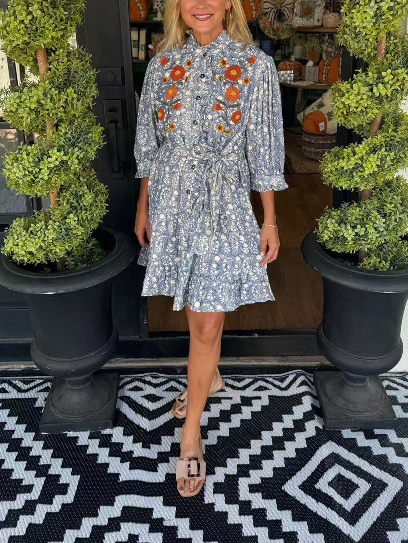 Embroidered Bodice Floral Shirtdress - Blue Ditsy Print