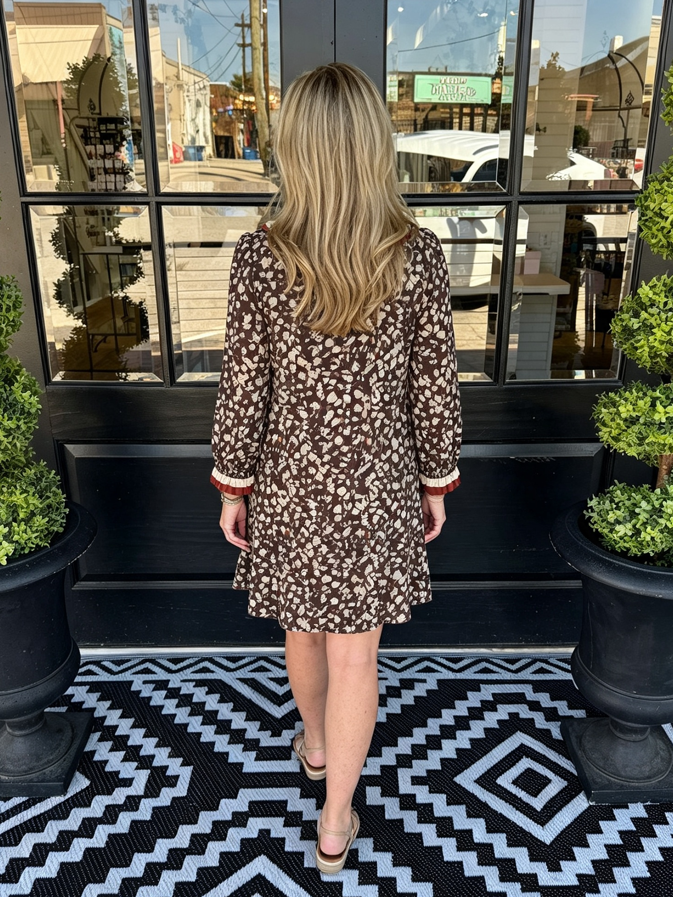Vintage Floral Ruffle-Trim Long Sleeve Dress
