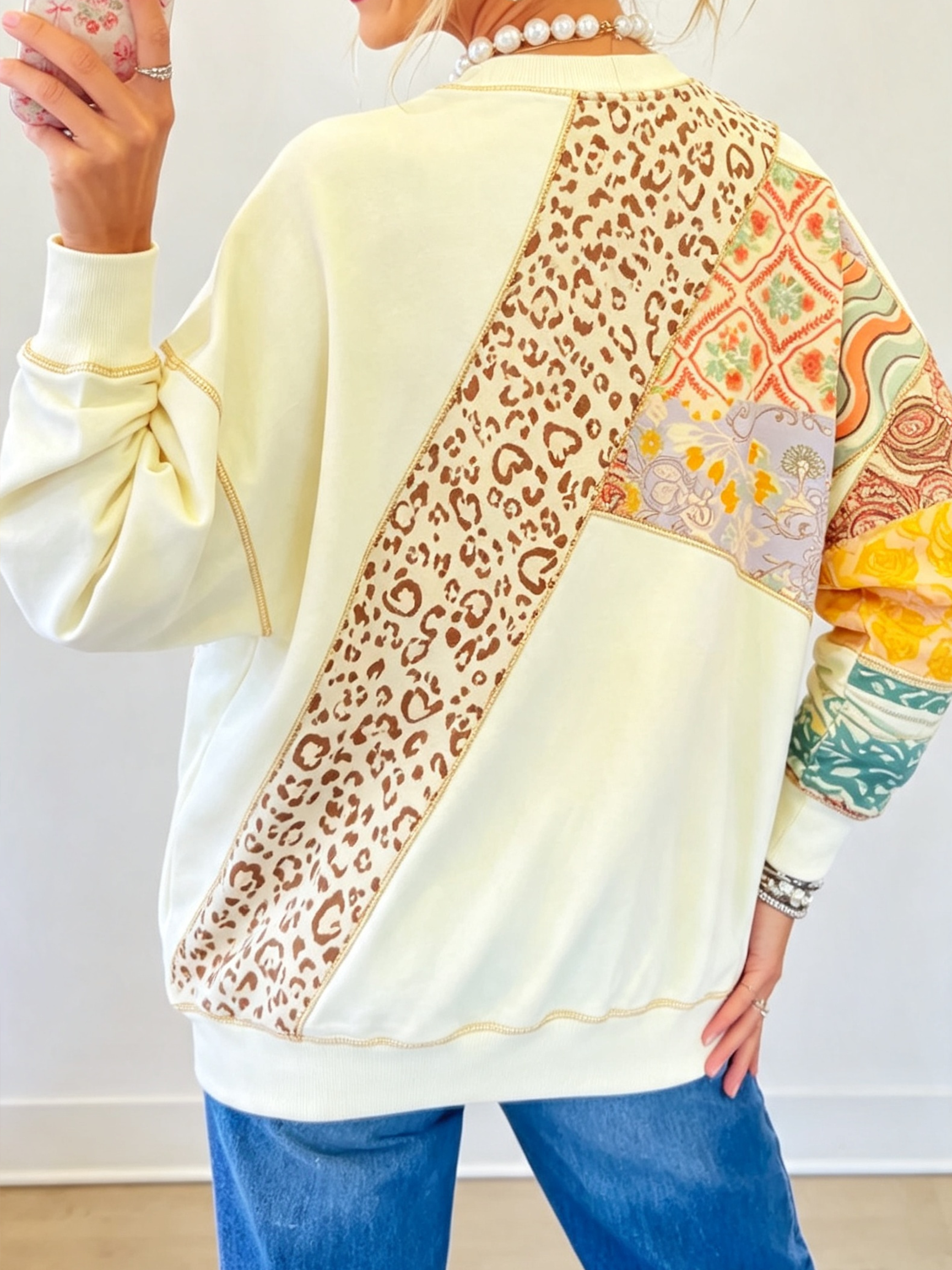 Eclectic Boho-Chic Patchwork Long Sleeve Pullover Top