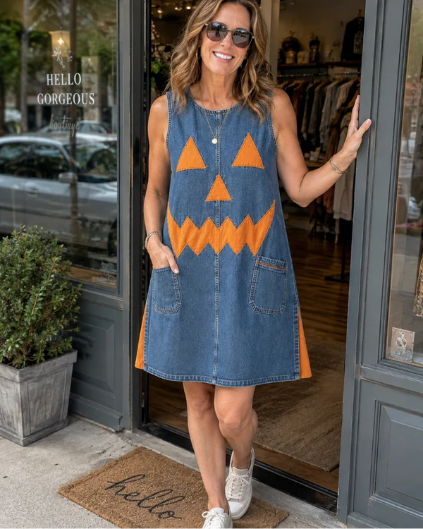 Spooky Chic Denim Pumpkin Patchwork Shift Dress