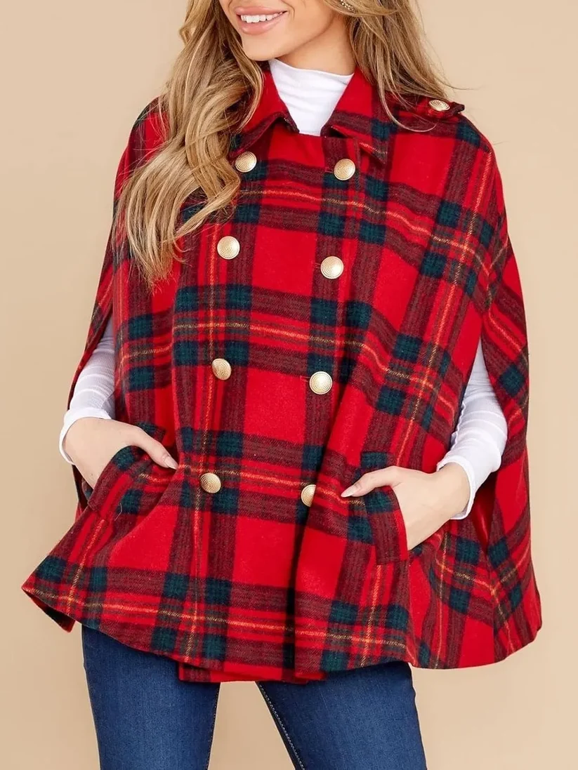 Festive Plaid Double-Breasted Cape Poncho