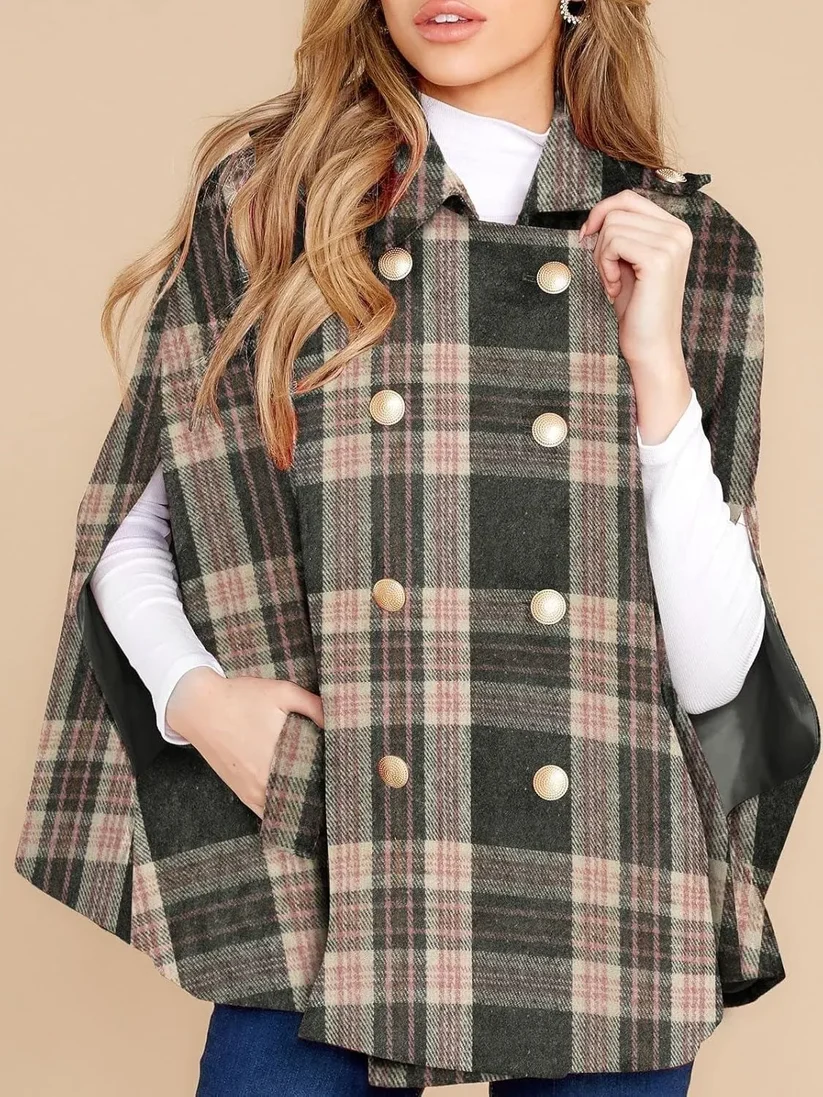 Festive Plaid Double-Breasted Cape Poncho