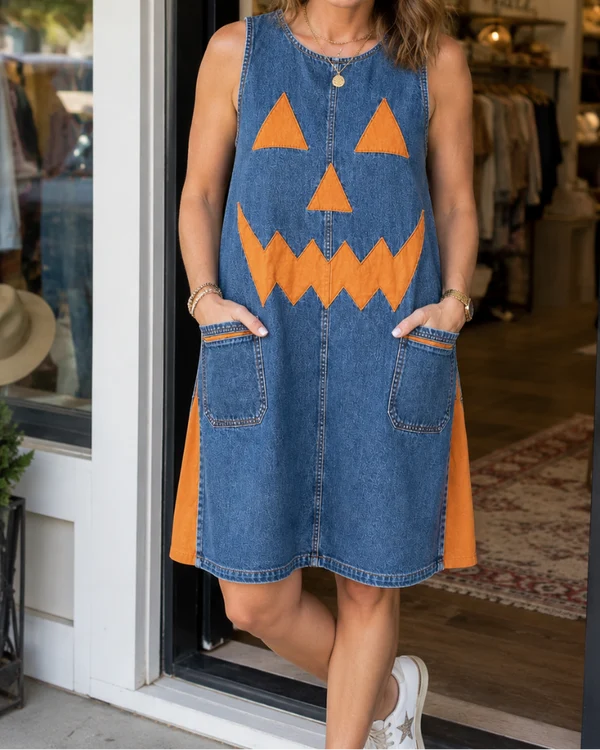 Spooky Chic Denim Pumpkin Patchwork Shift Dress