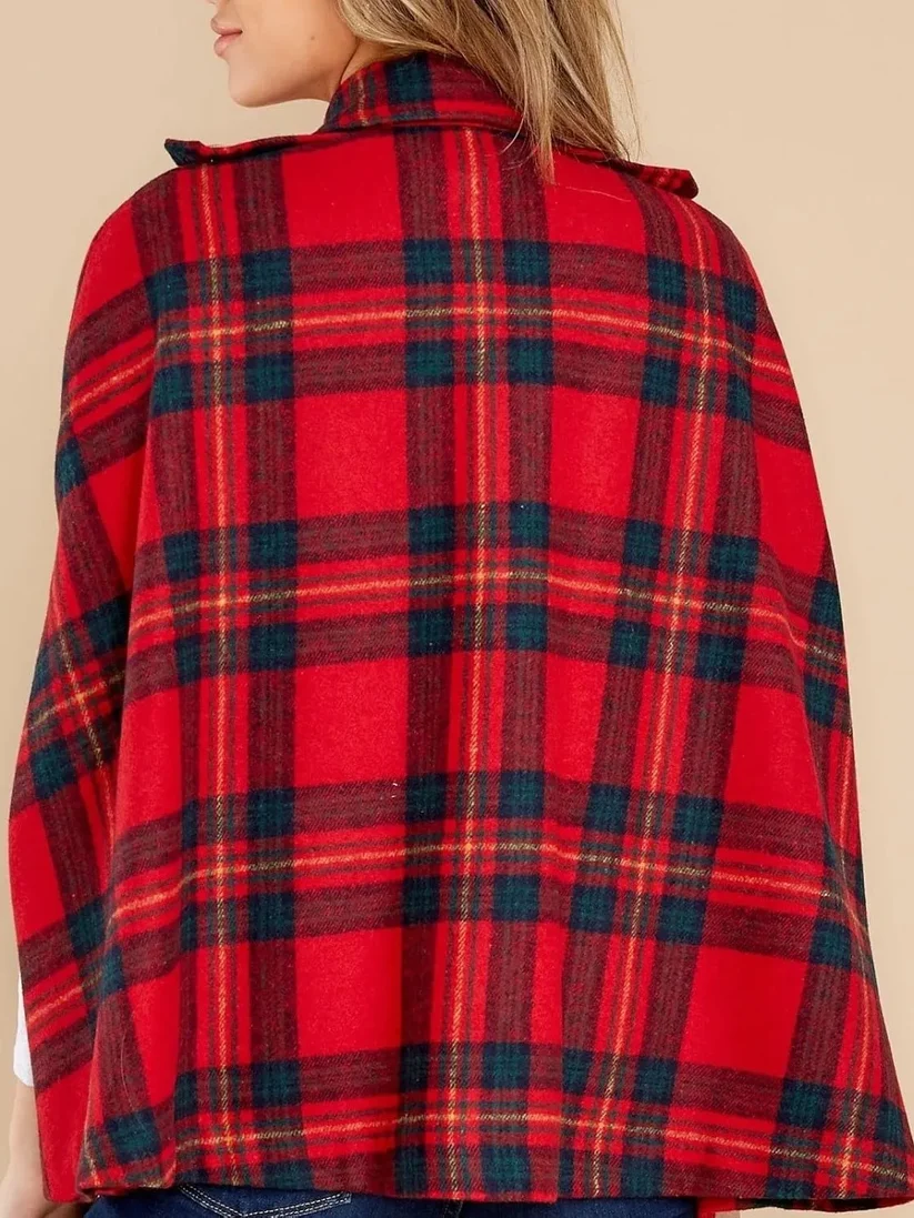 Festive Plaid Double-Breasted Cape Poncho