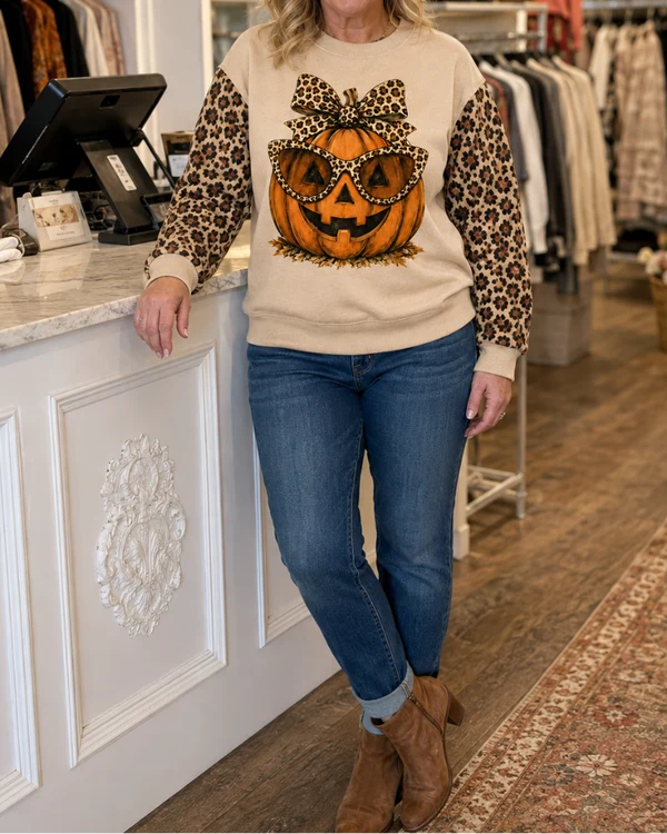 Sassy Pumpkin Leopard Patchwork Sweatshirt