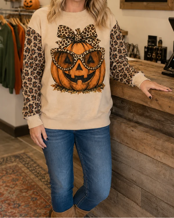 Sassy Pumpkin Leopard Patchwork Sweatshirt