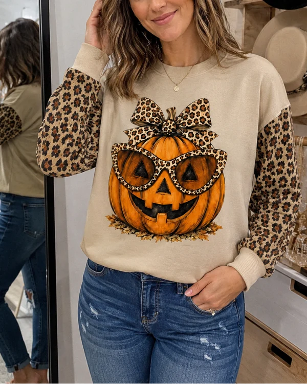 Sassy Pumpkin Leopard Patchwork Sweatshirt