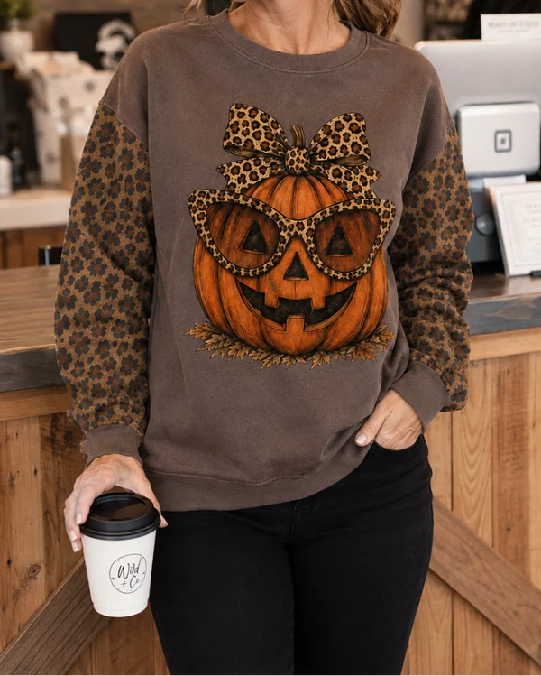 Sassy Pumpkin Leopard Patchwork Sweatshirt