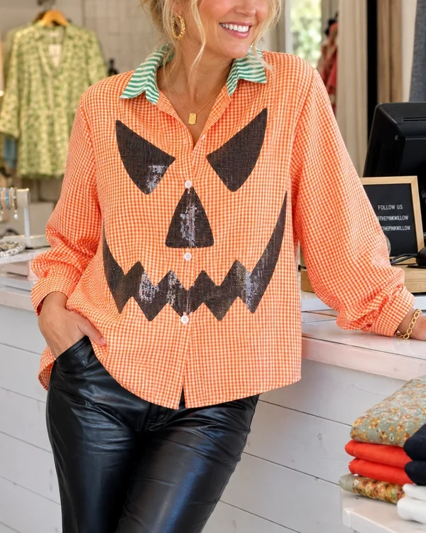 Spooky Gingham Sequin Pumpkin Button-Down Shirt