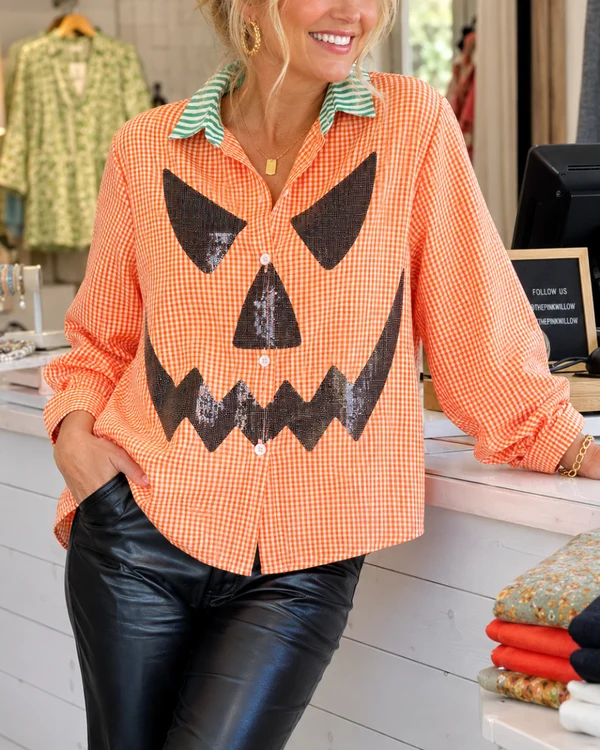 Spooky Gingham Sequin Pumpkin Button-Down Shirt