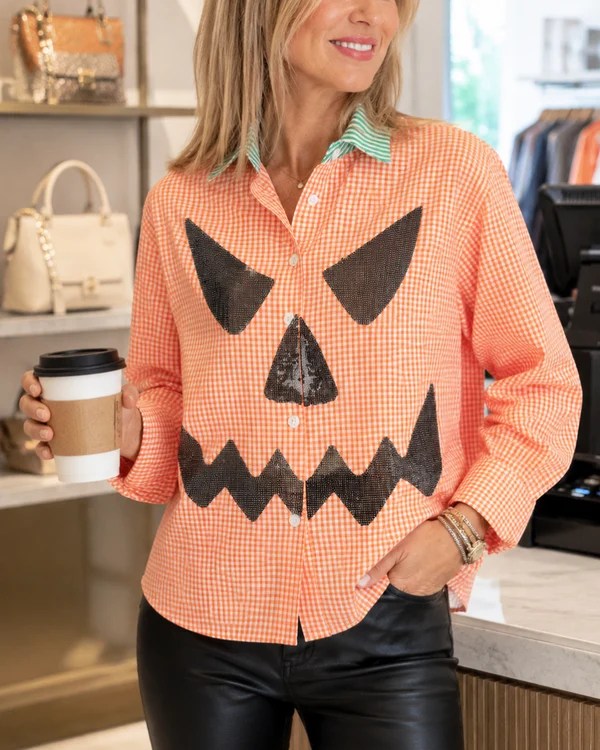Spooky Gingham Sequin Pumpkin Button-Down Shirt