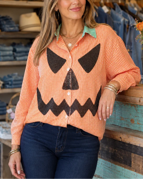 Spooky Gingham Sequin Pumpkin Button-Down Shirt