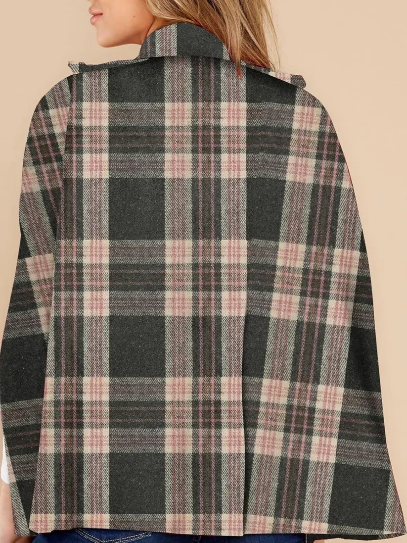 Festive Plaid Double-Breasted Cape Poncho