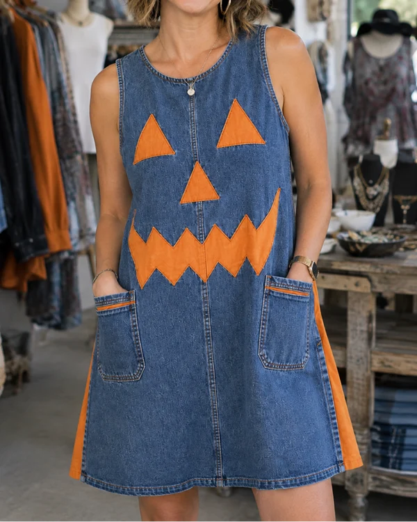 Spooky Chic Denim Pumpkin Patchwork Shift Dress