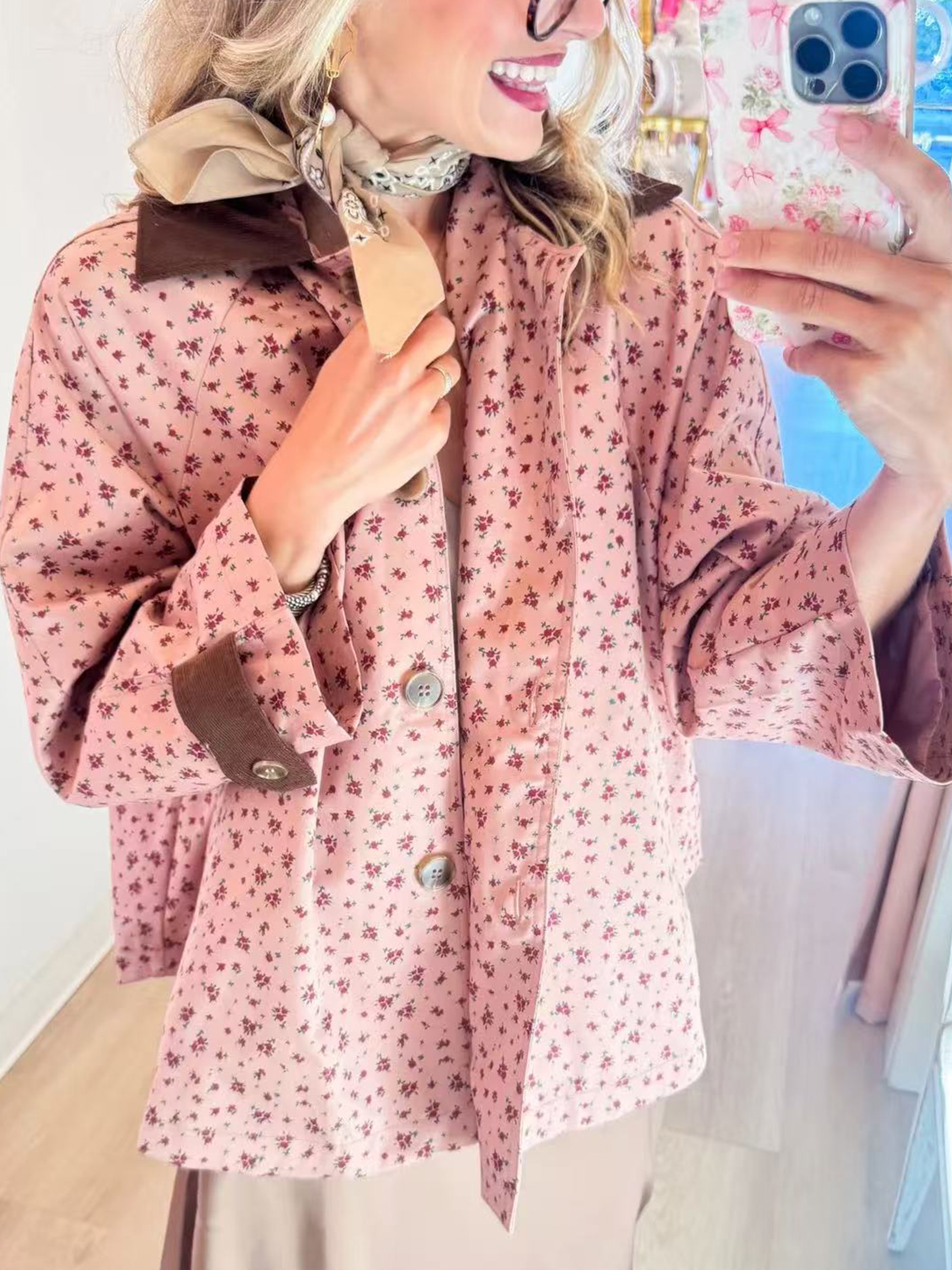 Vintage Floral Print Contrast Collar Jacket