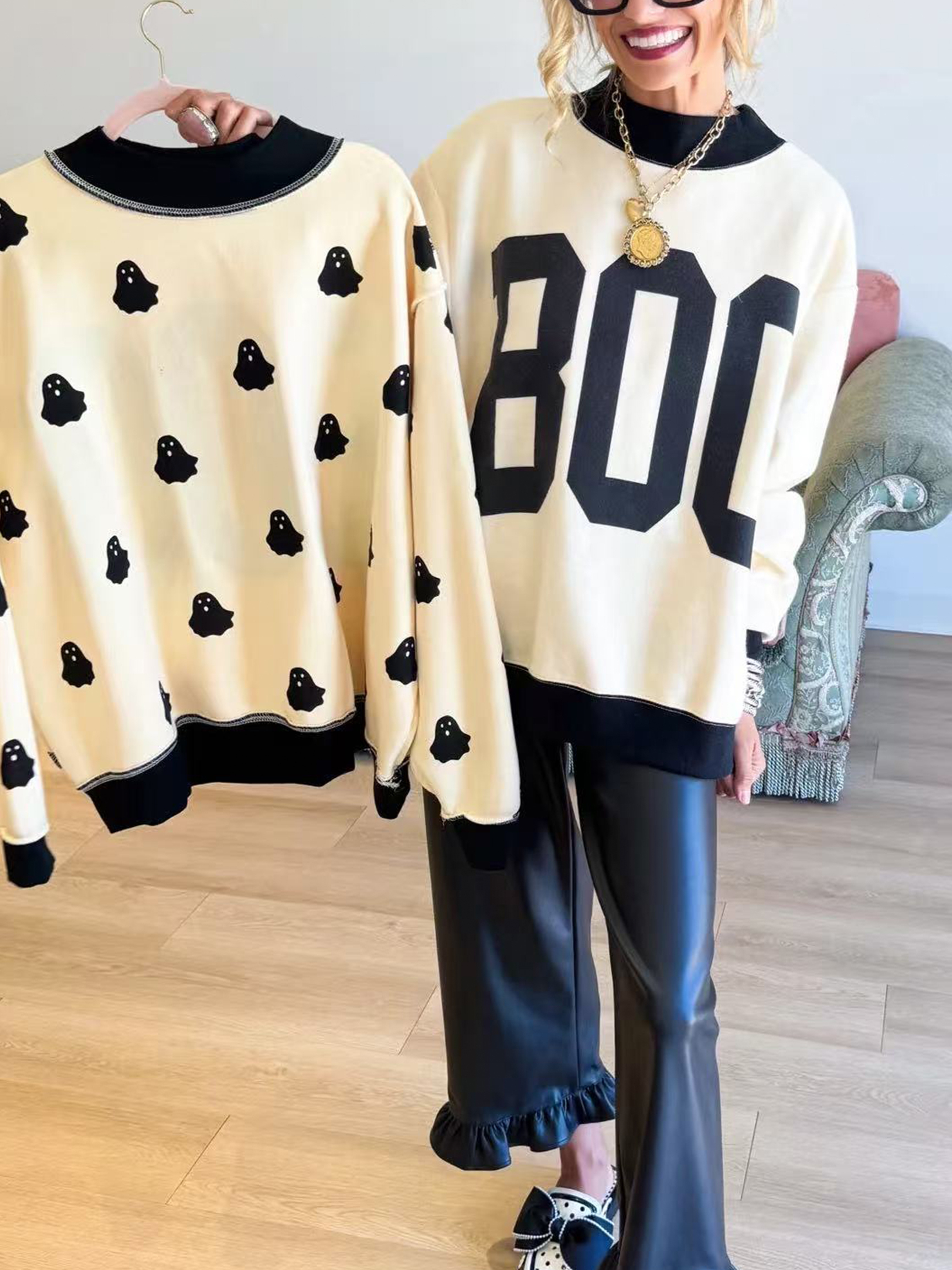Reversible "Boo" & Ghost Graphic Pullover Sweater
