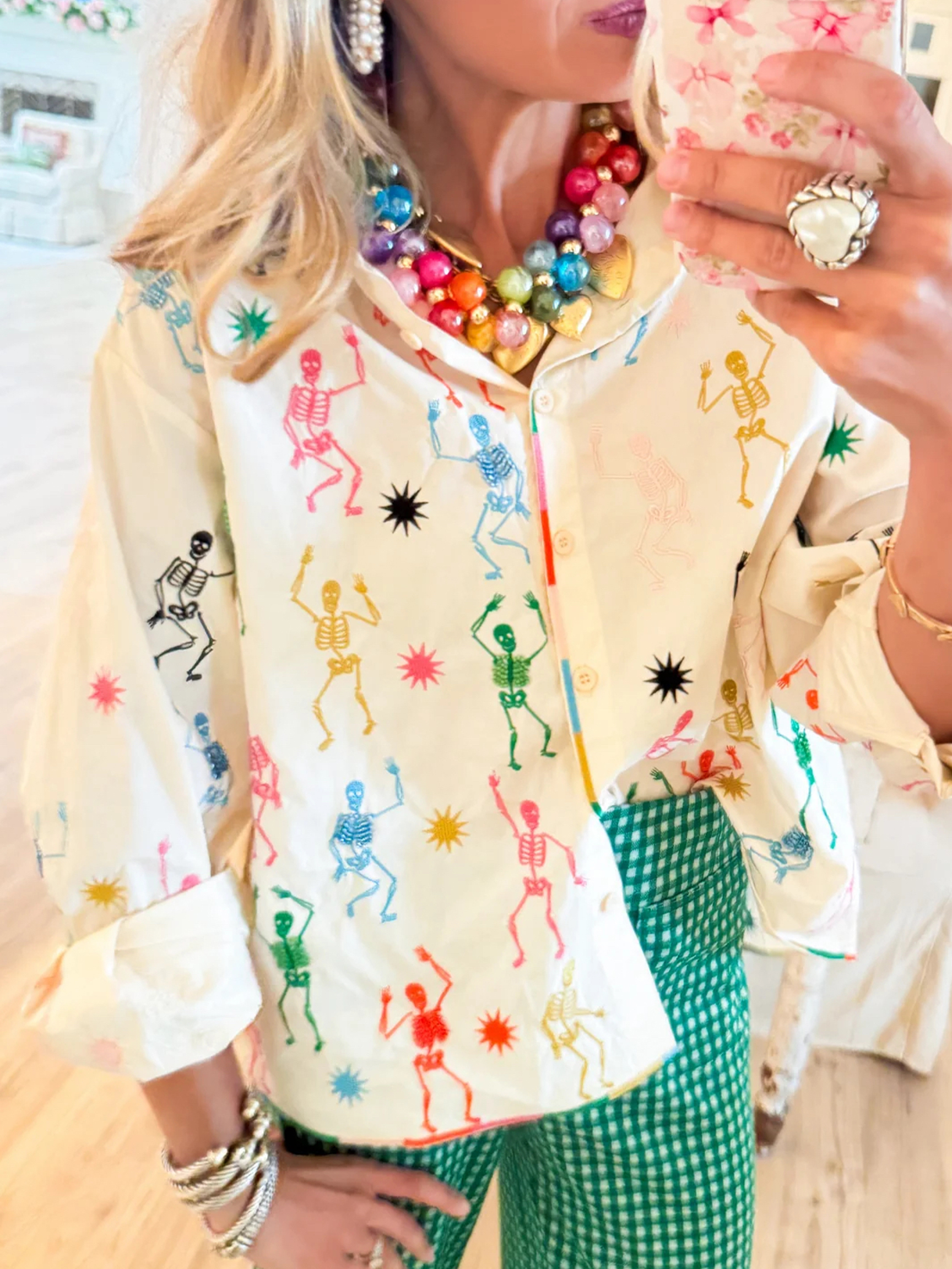 Colorful Dancing Skeletons Embroidered Button-Down Shirt